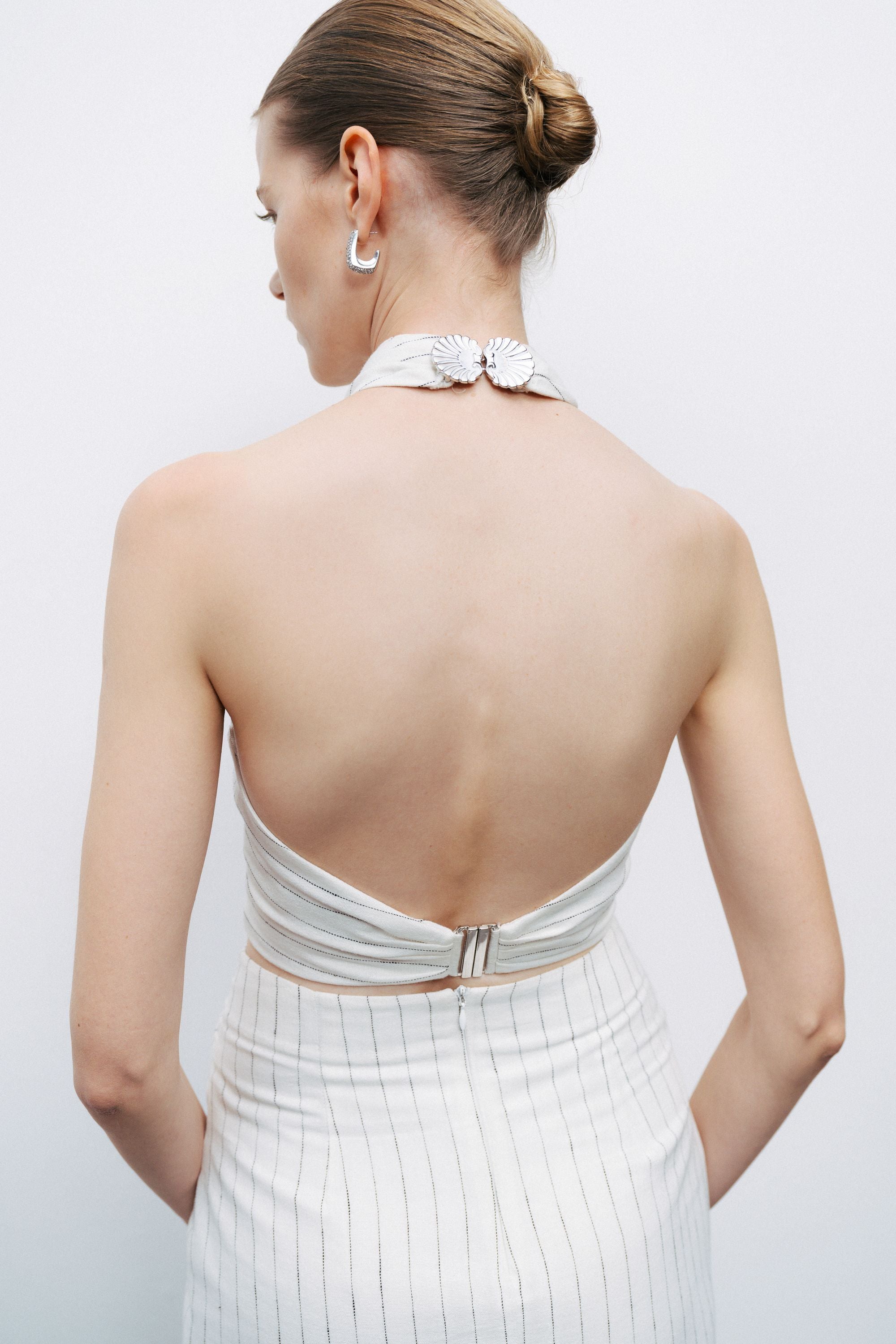 Ecru Linen Blend Halter Neck Blouse with Tie Detail