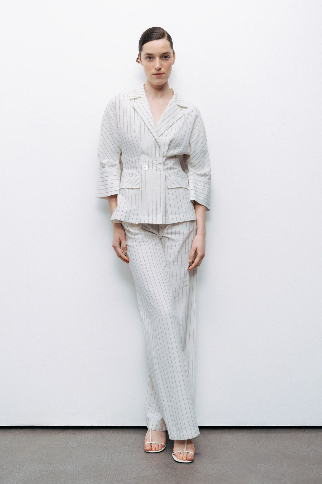 Ecru Striped Linen Blend Jacket