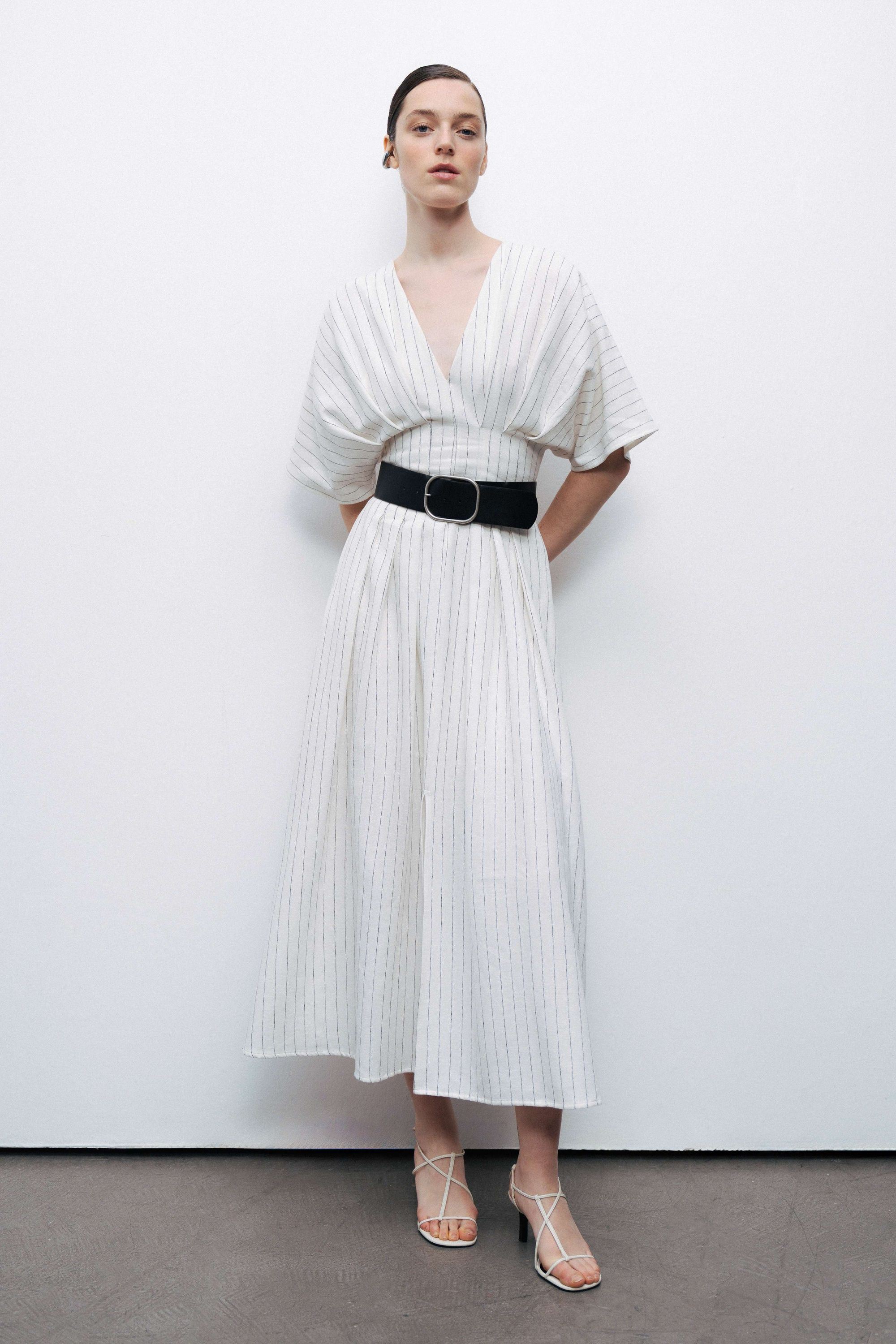 Ecru Batwing Sleeve Belted Midi Dress