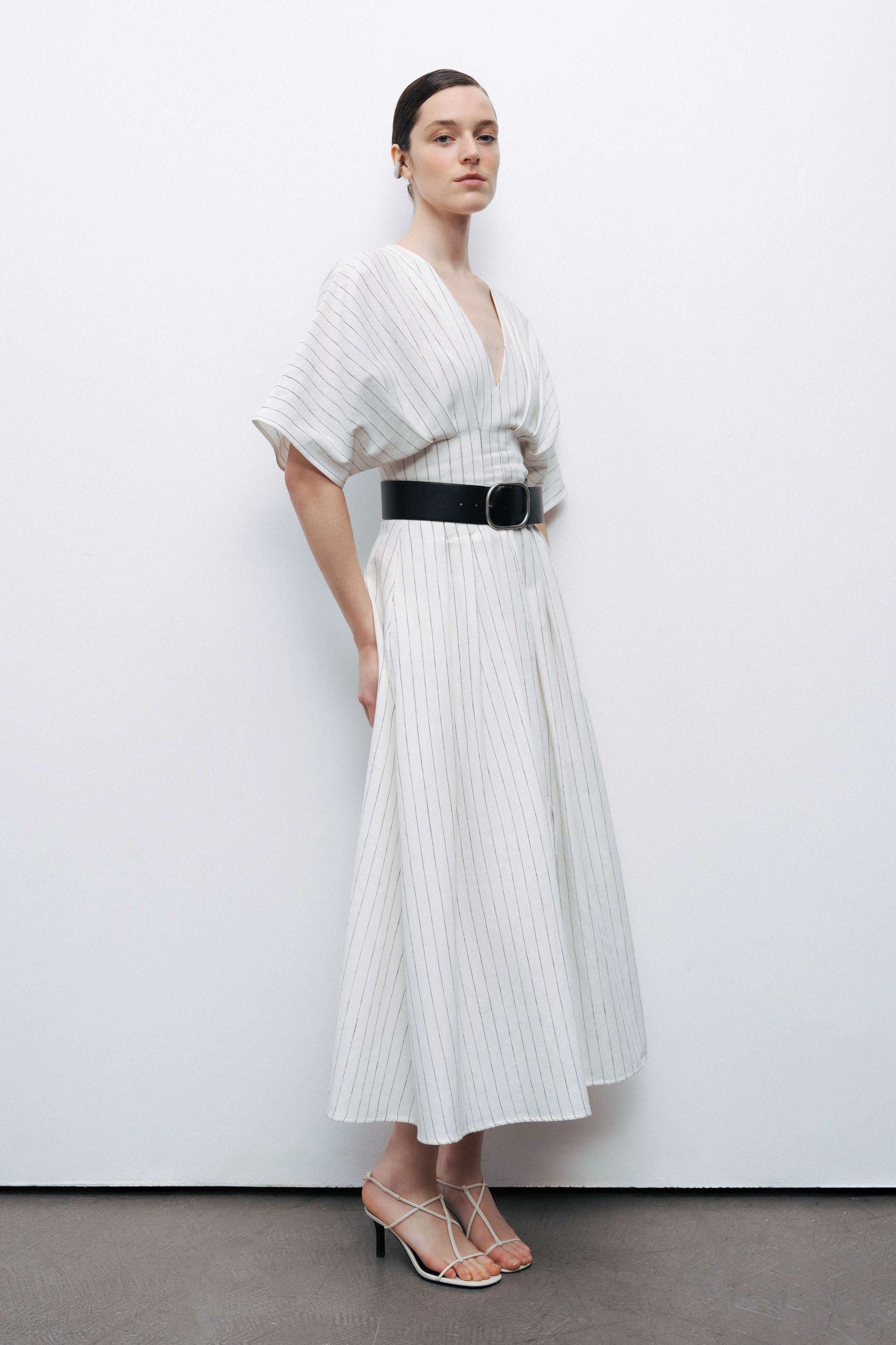 Ecru Batwing Sleeve Belted Midi Dress