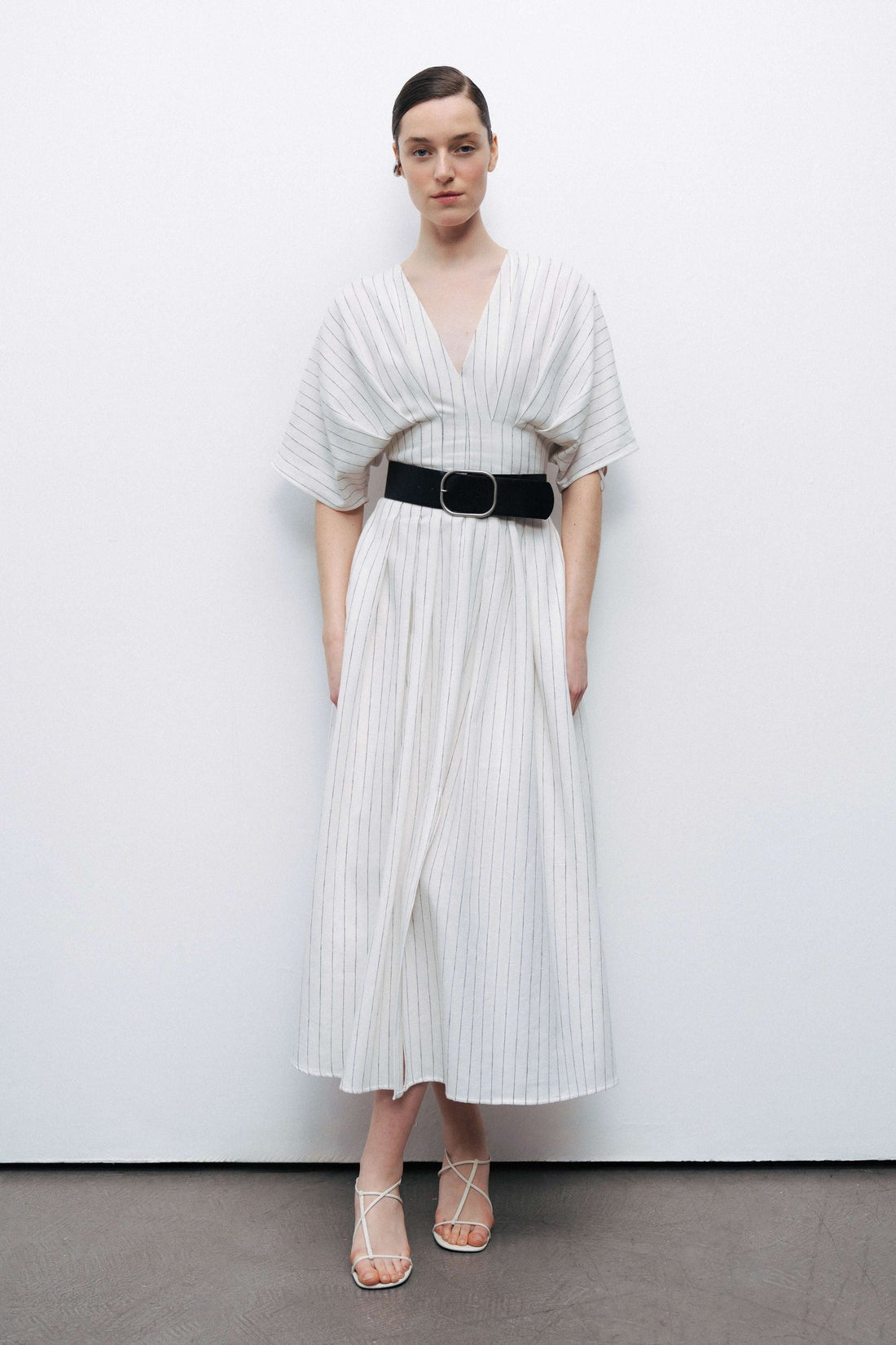 Ecru Batwing Sleeve Belted Midi Dress