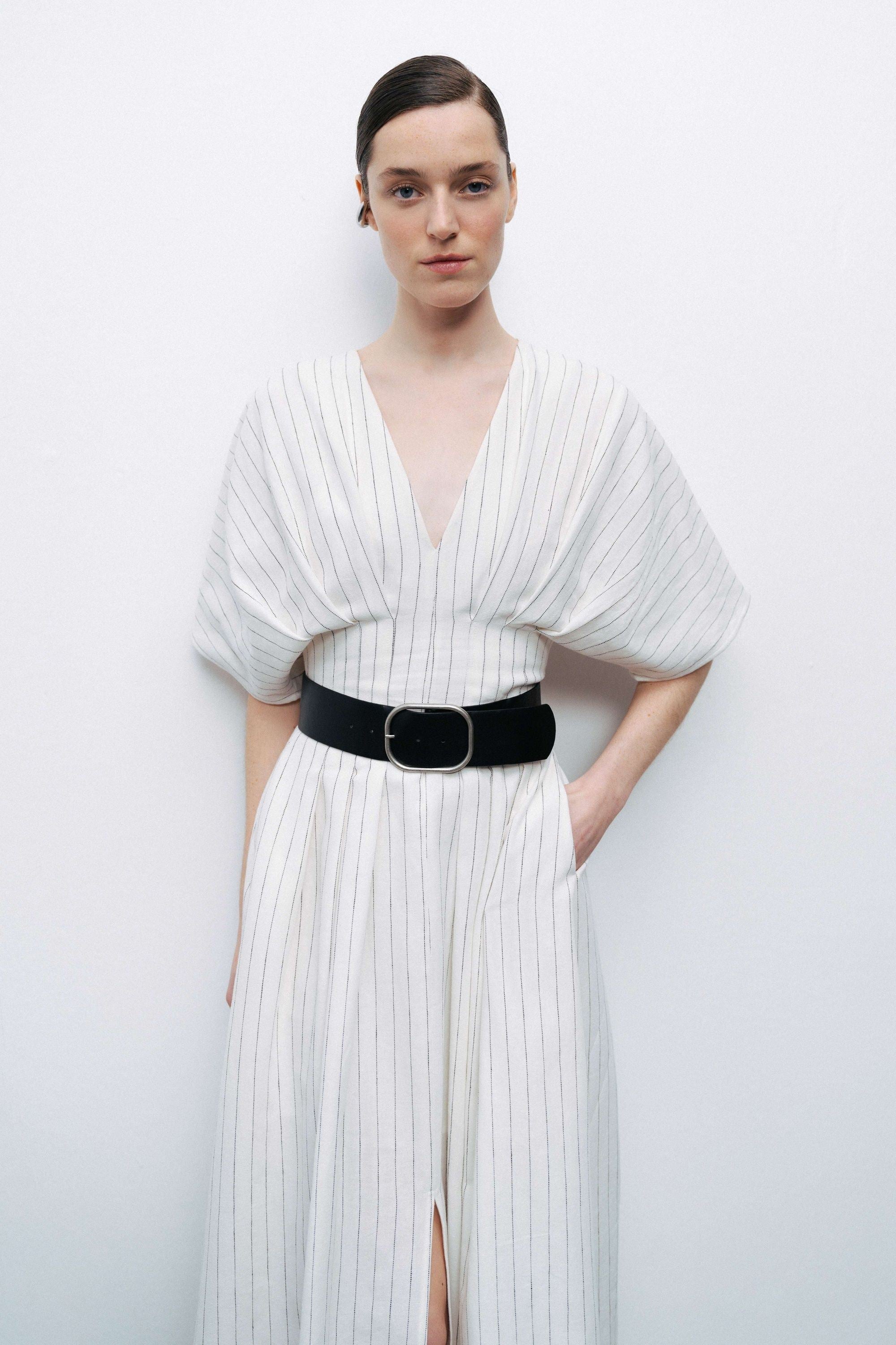 Ecru Batwing Sleeve Belted Midi Dress