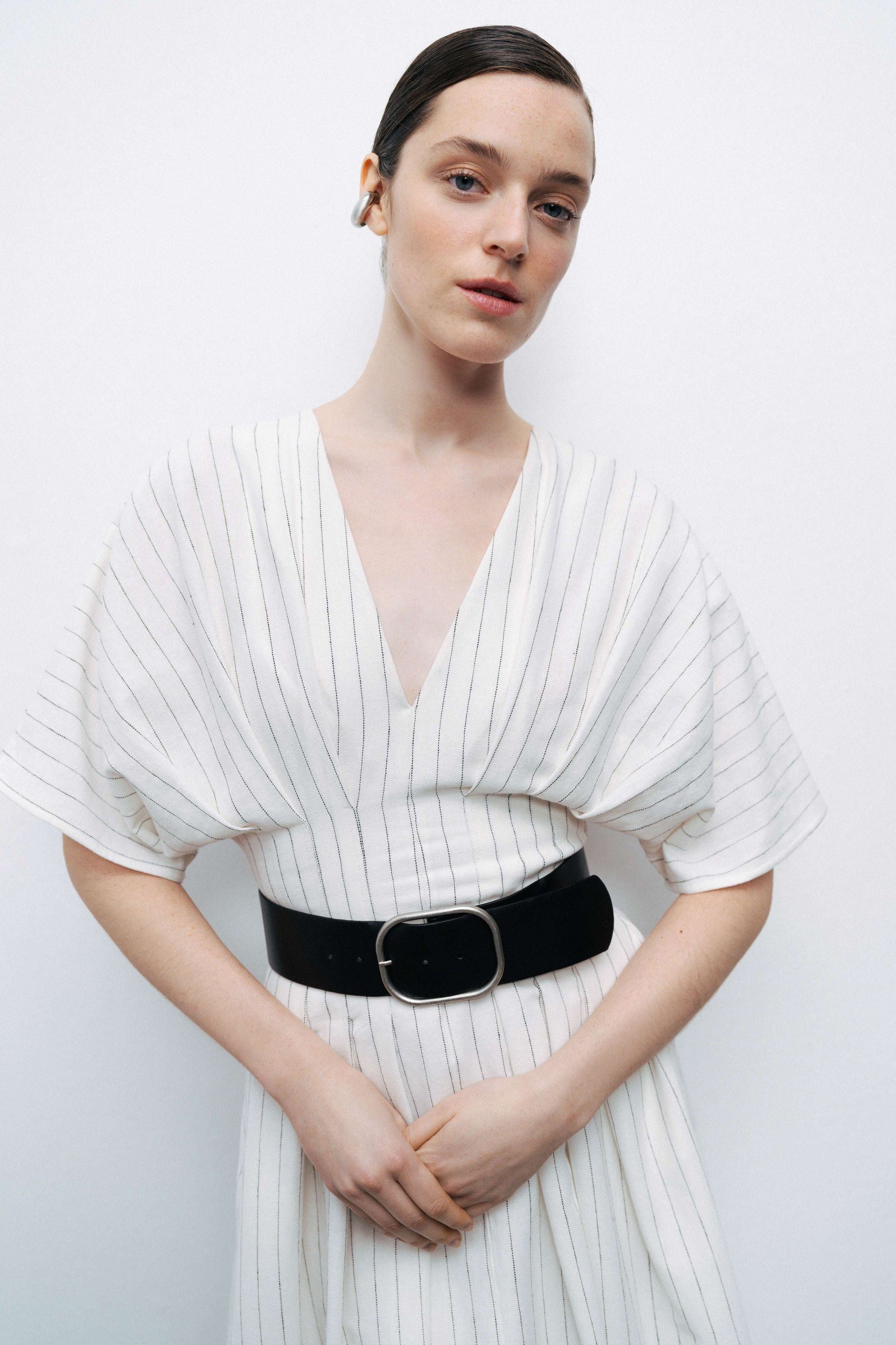 Ecru Batwing Sleeve Belted Midi Dress