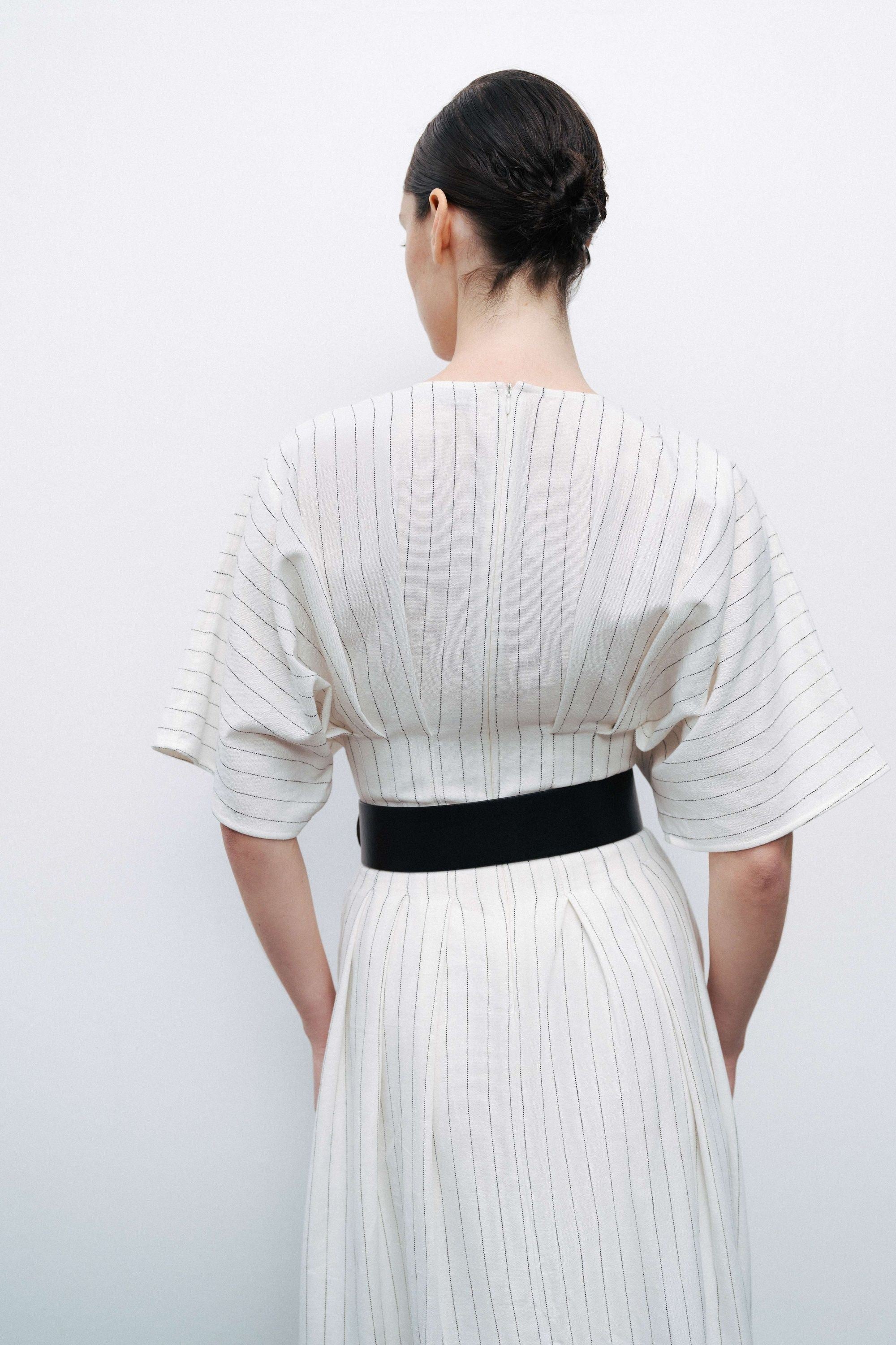 Ecru Batwing Sleeve Belted Midi Dress