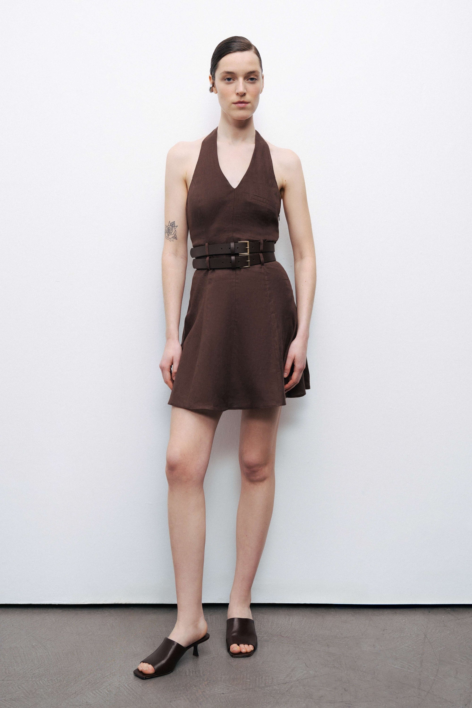 Coffee Double Belt Detailed Halter Neck Mini Dress