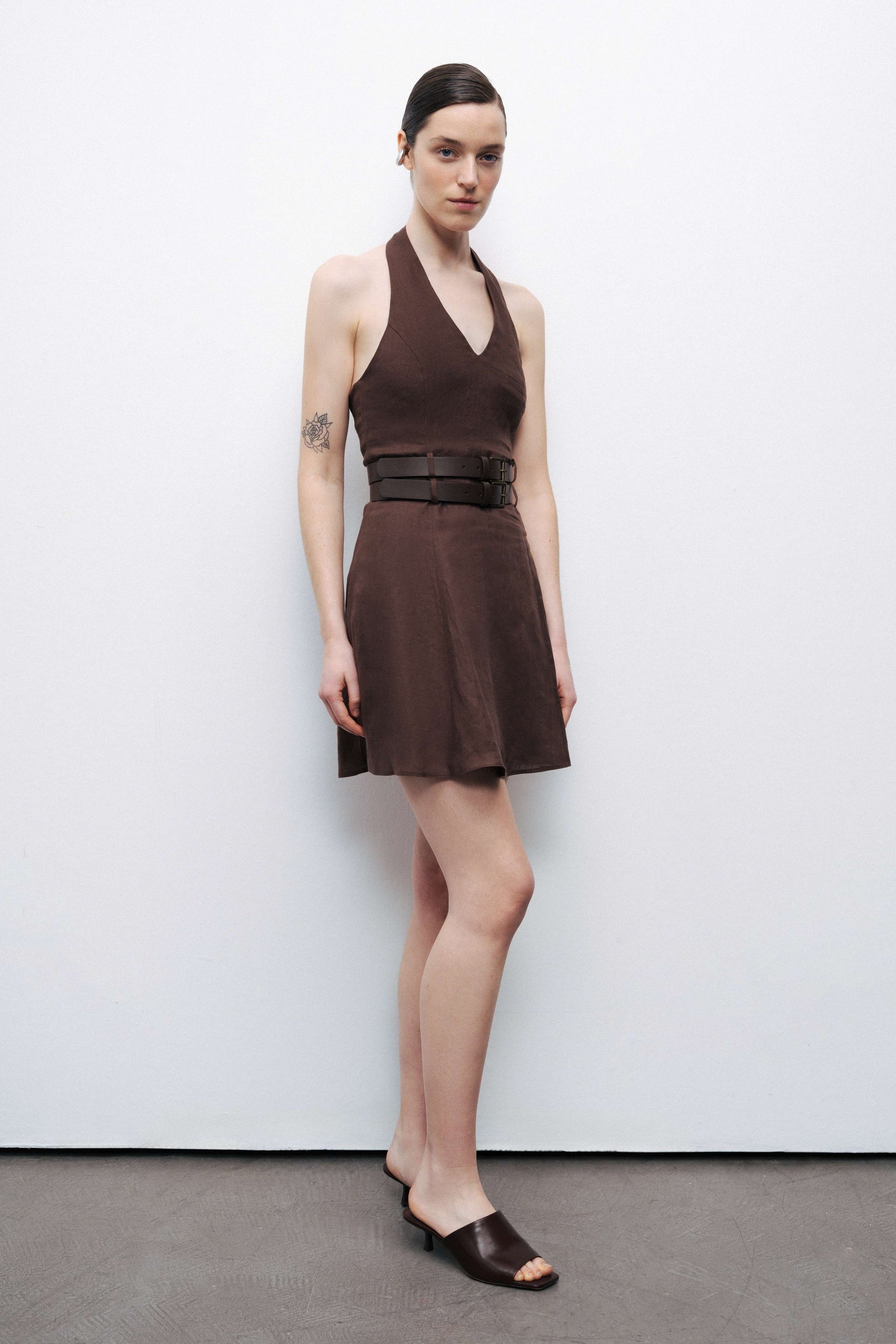 Coffee Double Belt Detailed Halter Neck Mini Dress