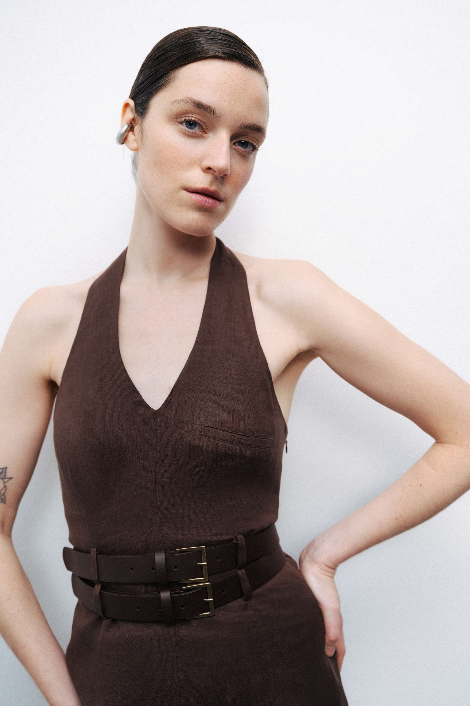 Coffee Double Belt Detailed Halter Neck Mini Dress