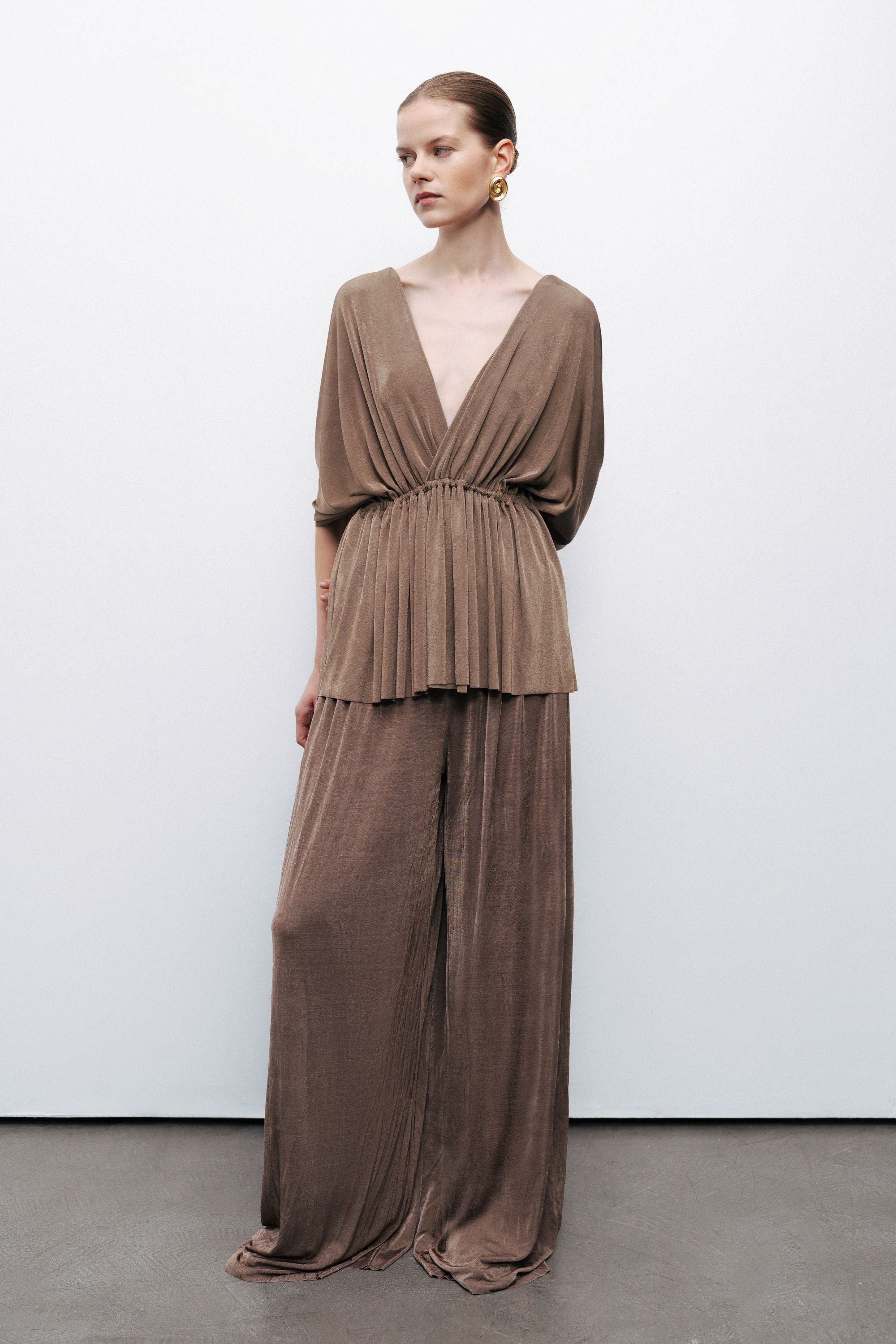 Bronze Gathered Detail Wide Leg Pants