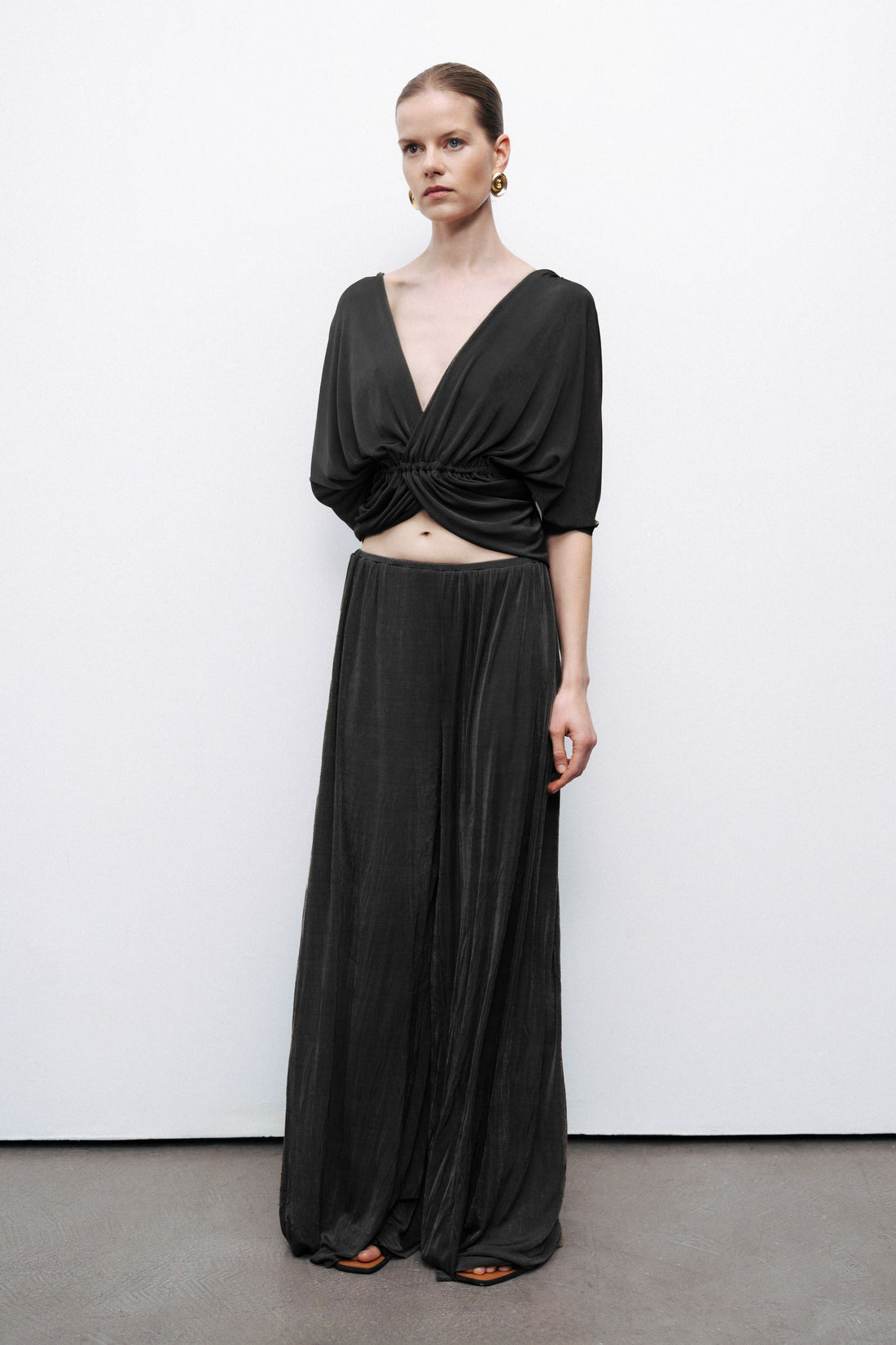 Black Gathered Detail Wide Leg Pants