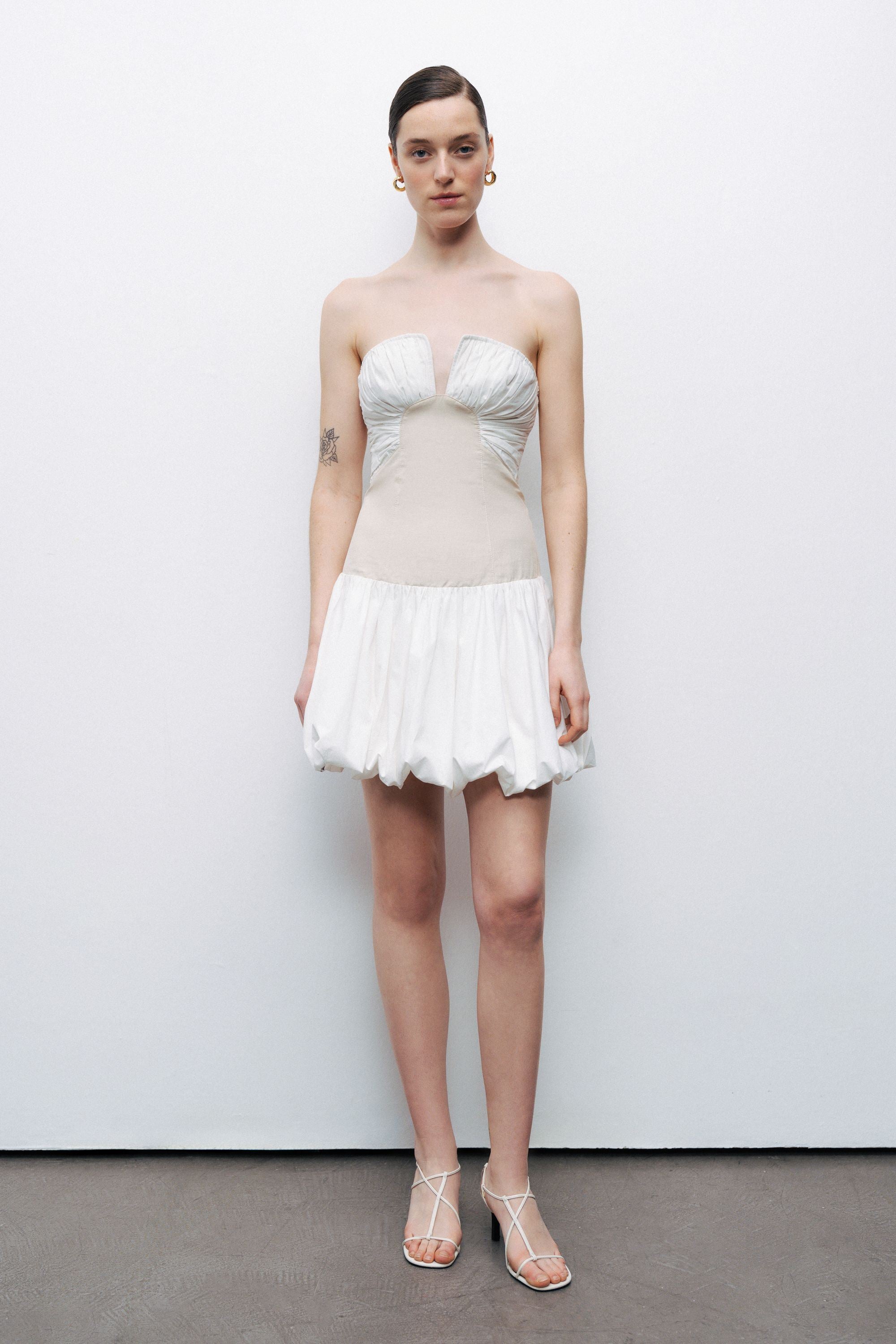 Ecru Strapless Bubble Skirt Mini Dress