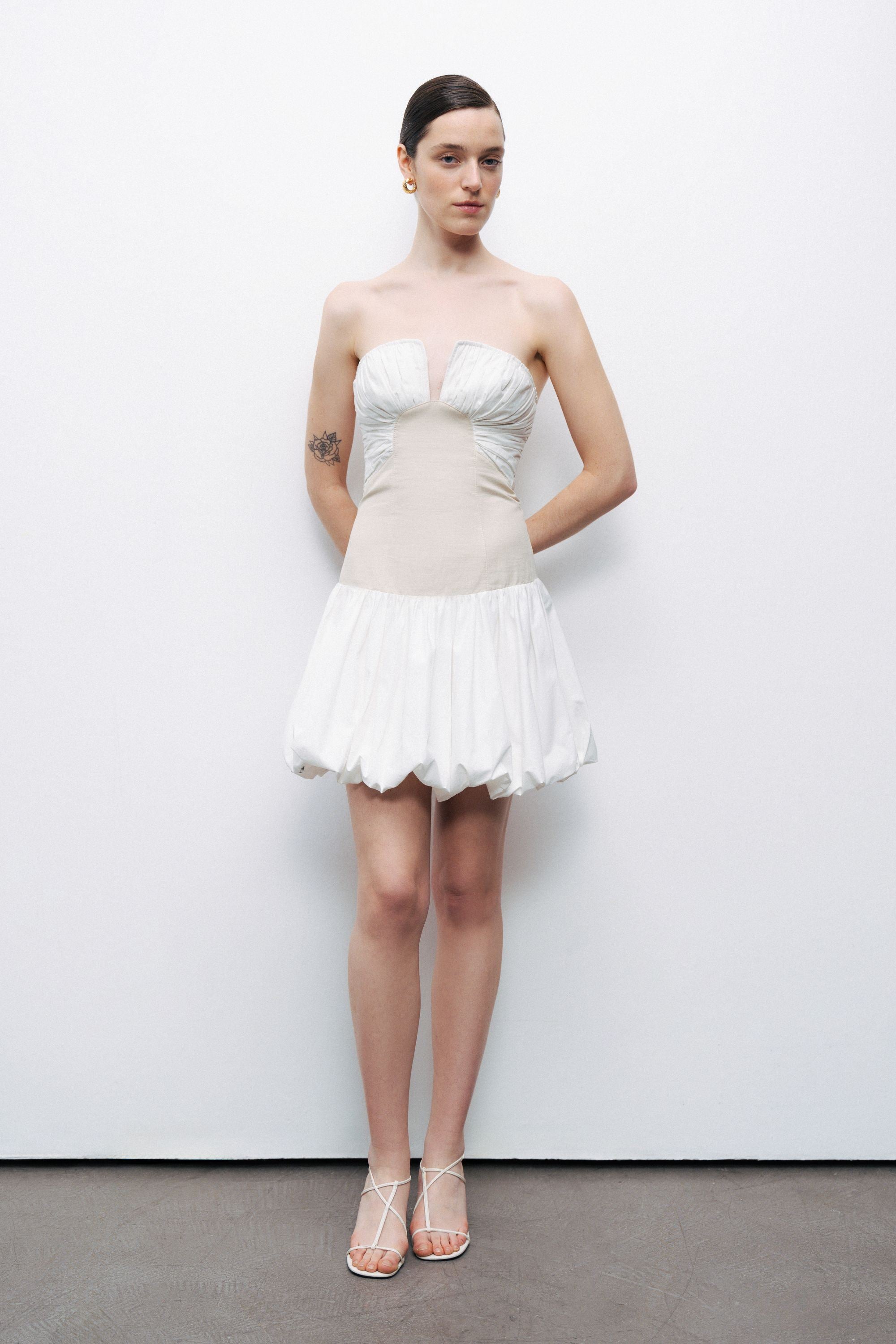 Ecru Strapless Bubble Skirt Mini Dress
