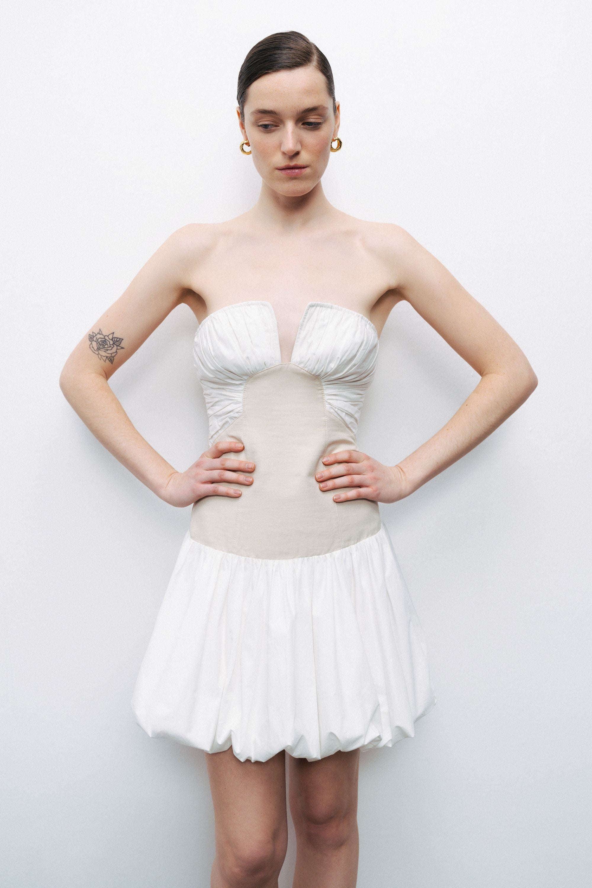 Ecru Strapless Bubble Skirt Mini Dress