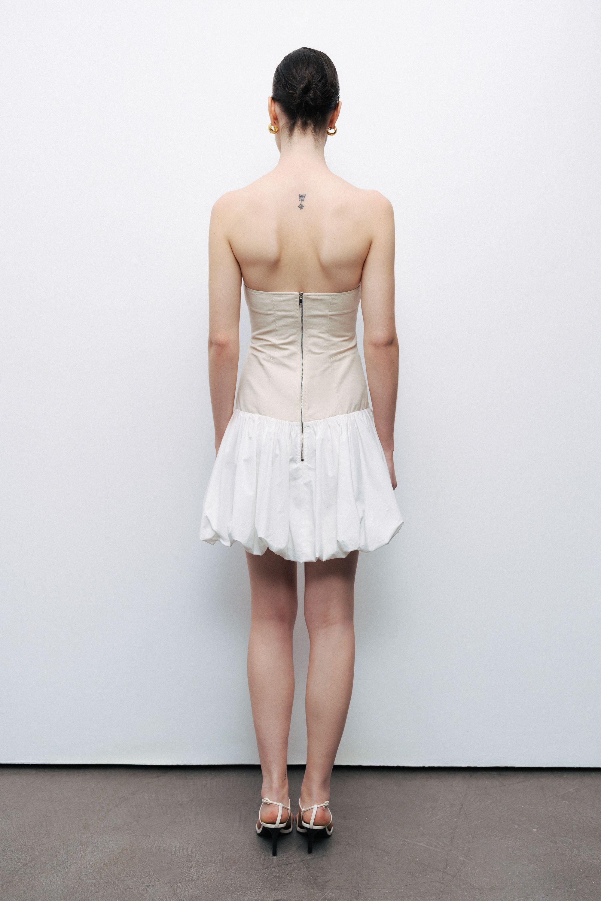 Ecru Strapless Bubble Skirt Mini Dress
