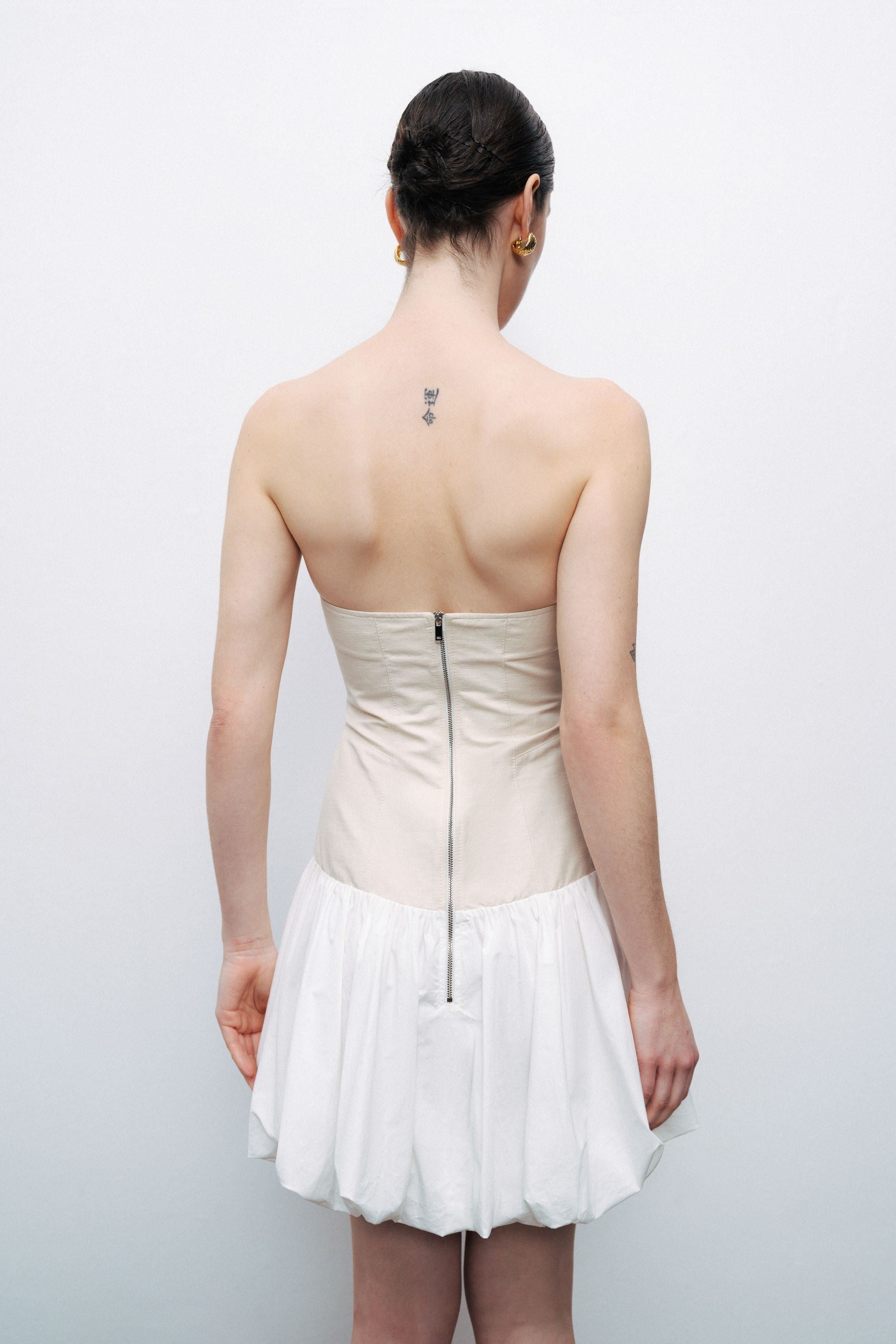 Ecru Strapless Bubble Skirt Mini Dress