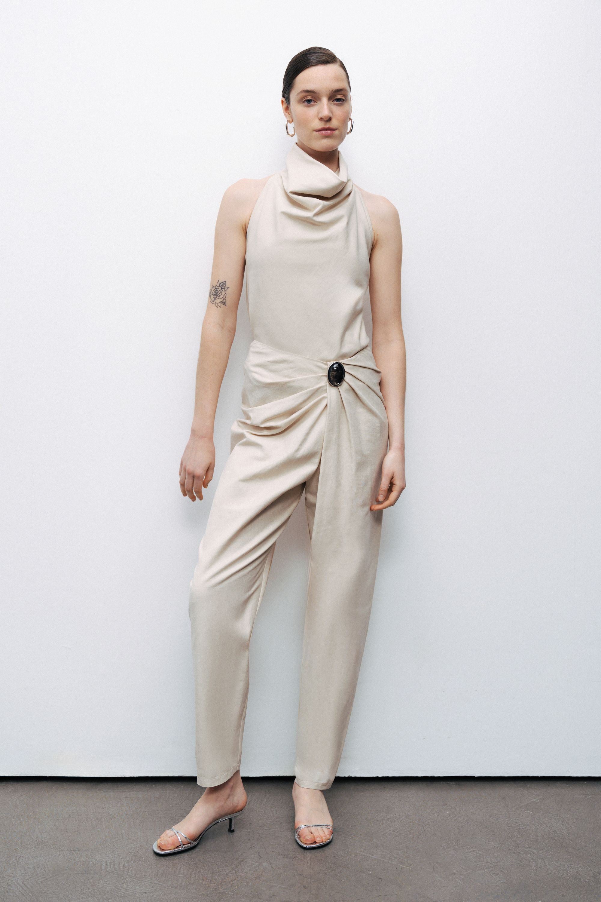 Beige Asymmetrical Draped Detail Bootcut Pants