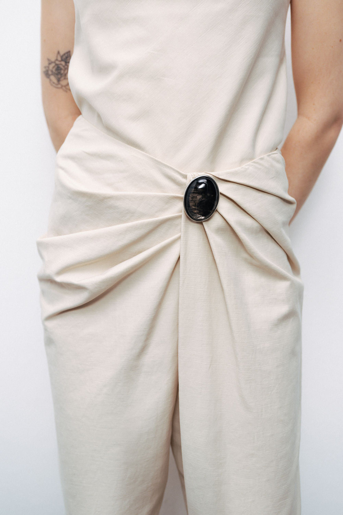 Beige Asymmetrical Draped Detail Bootcut Pants