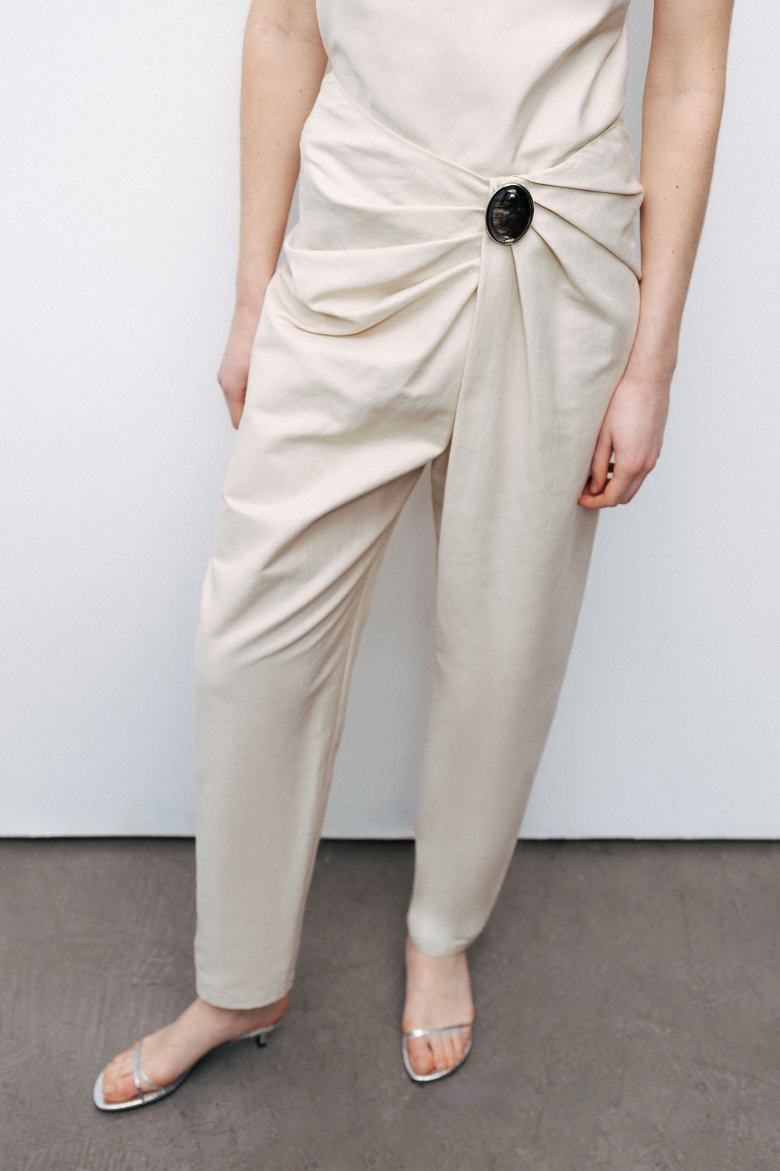 Beige Asymmetrical Draped Detail Bootcut Pants