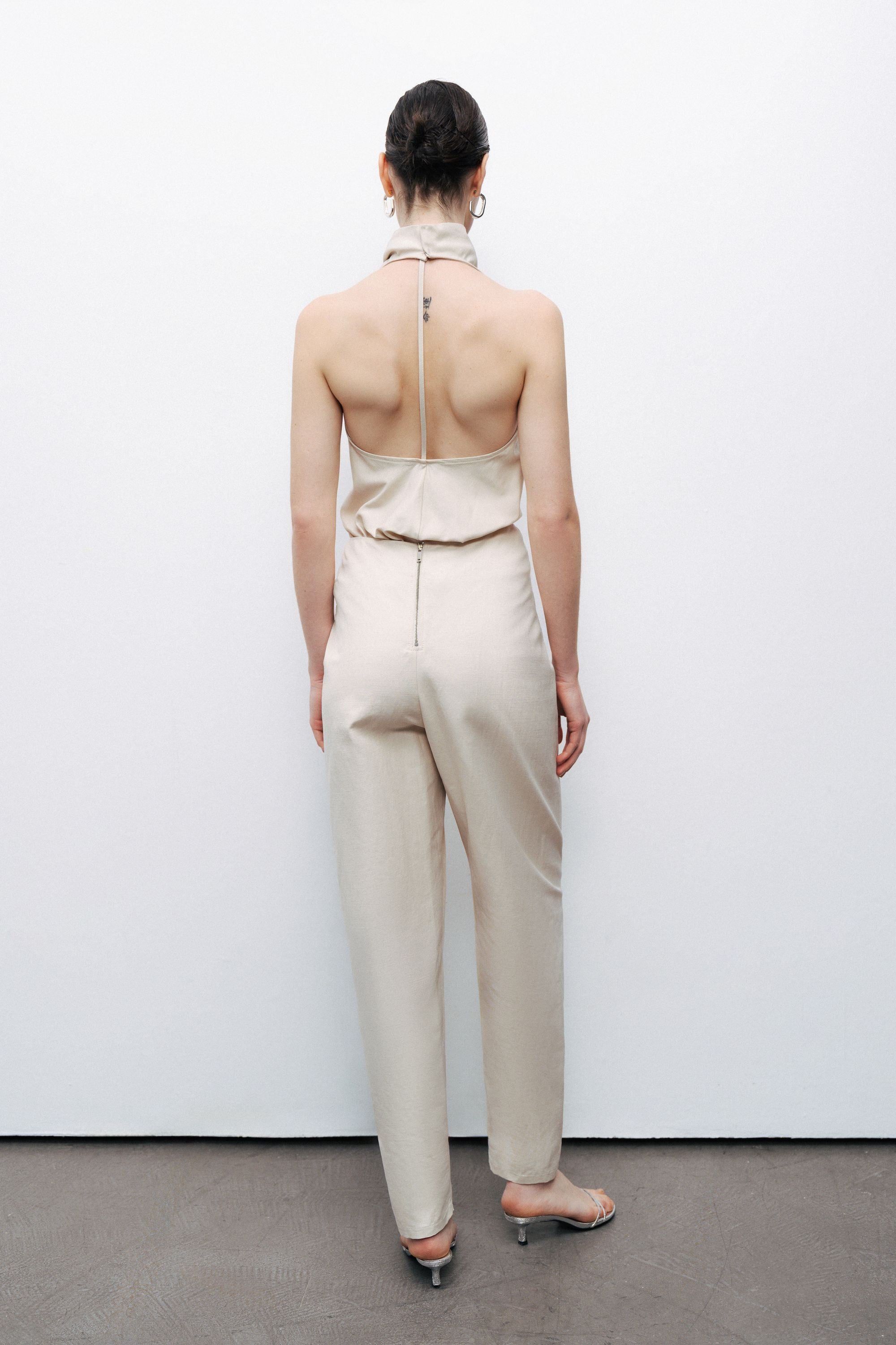 Beige Asymmetrical Draped Detail Bootcut Pants