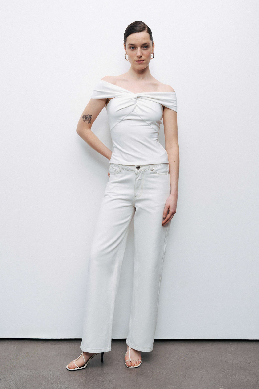 Ecru Twist Detail Open Shoulder Blouse