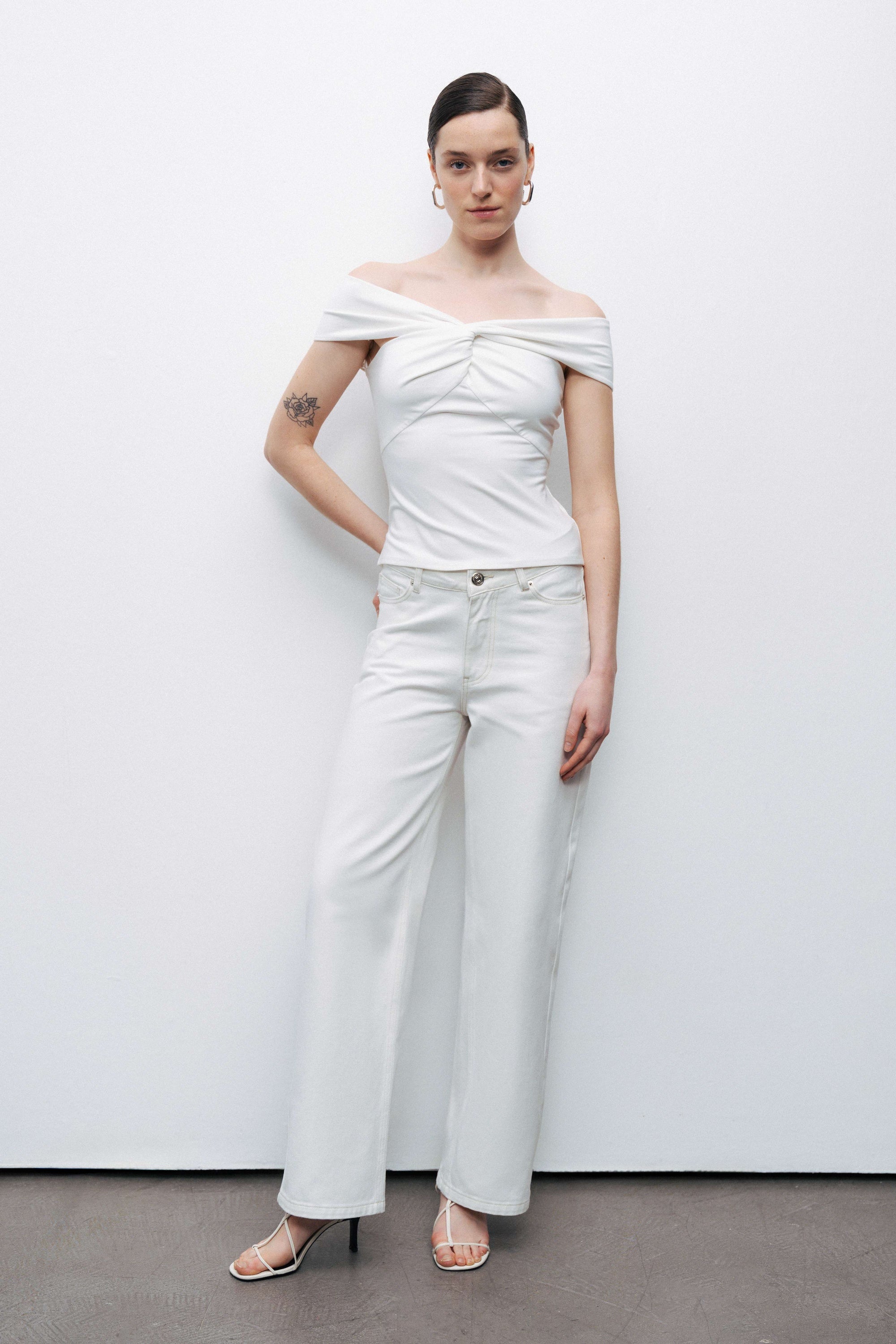 Ecru Twist Detail Open Shoulder Blouse