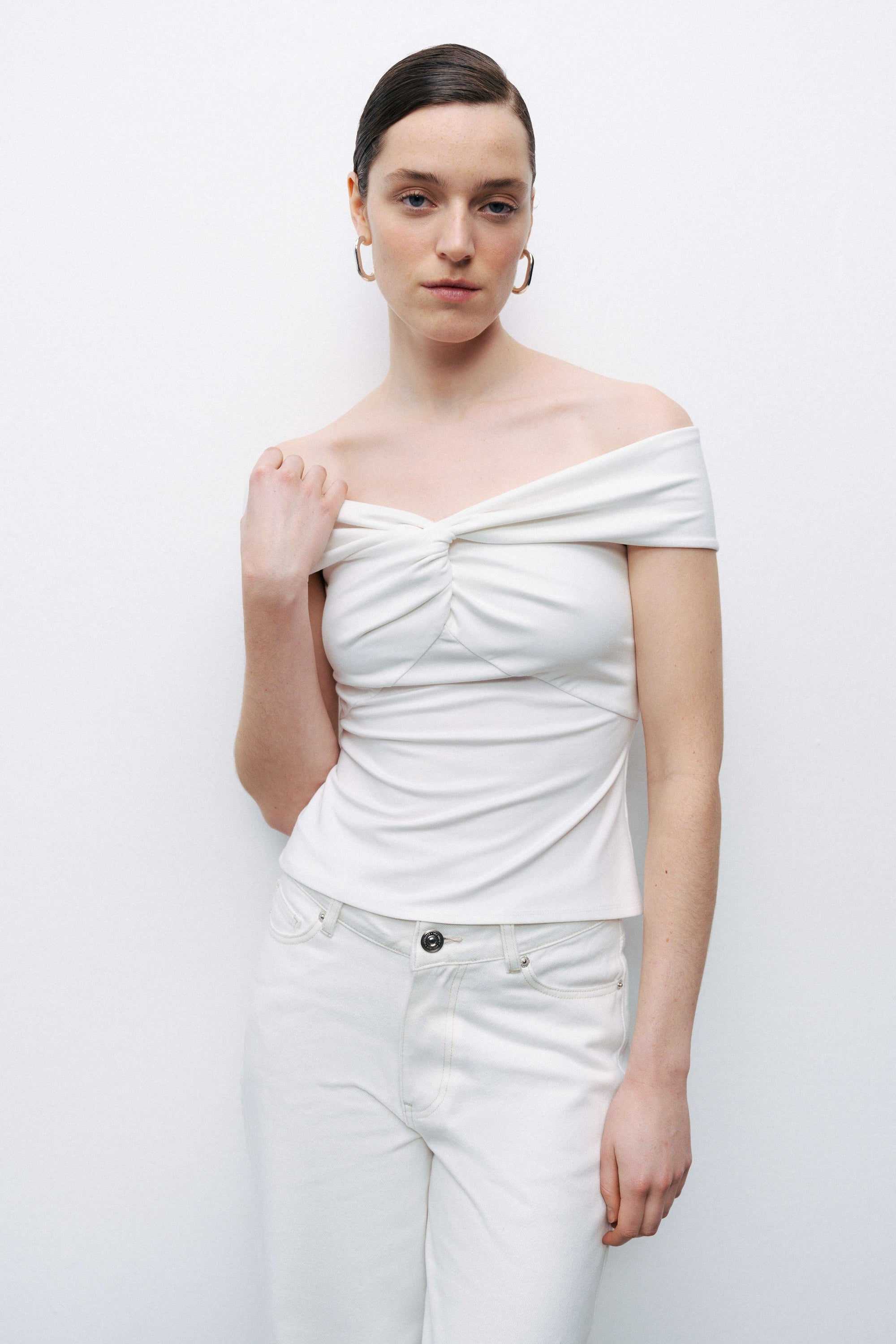 Ecru Twist Detail Open Shoulder Blouse