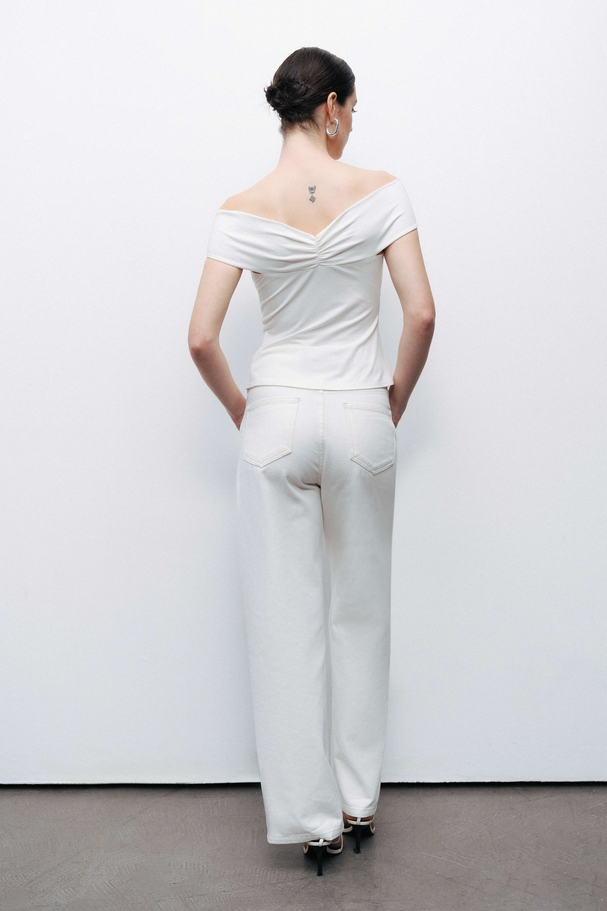 Ecru Twist Detail Open Shoulder Blouse