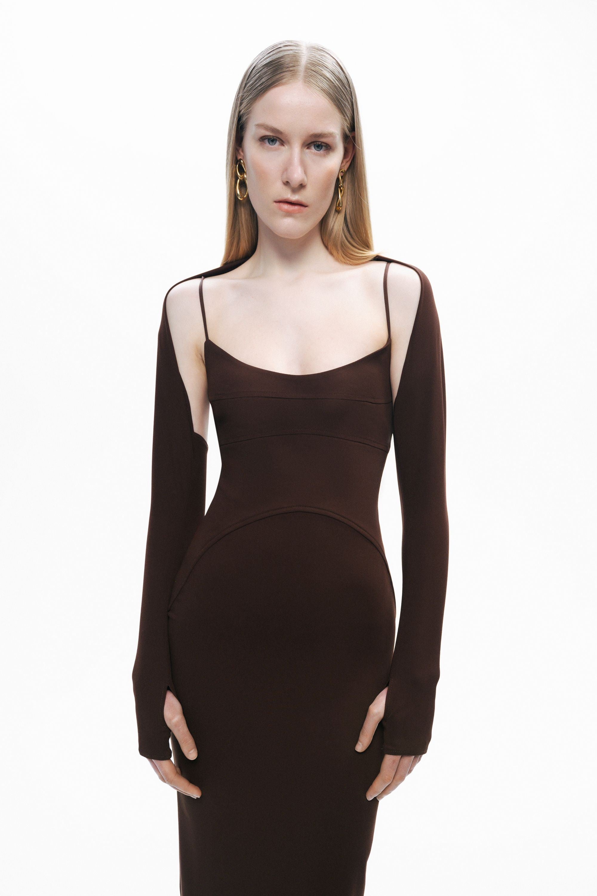 Brown Maxi Dress with Glove Accessory