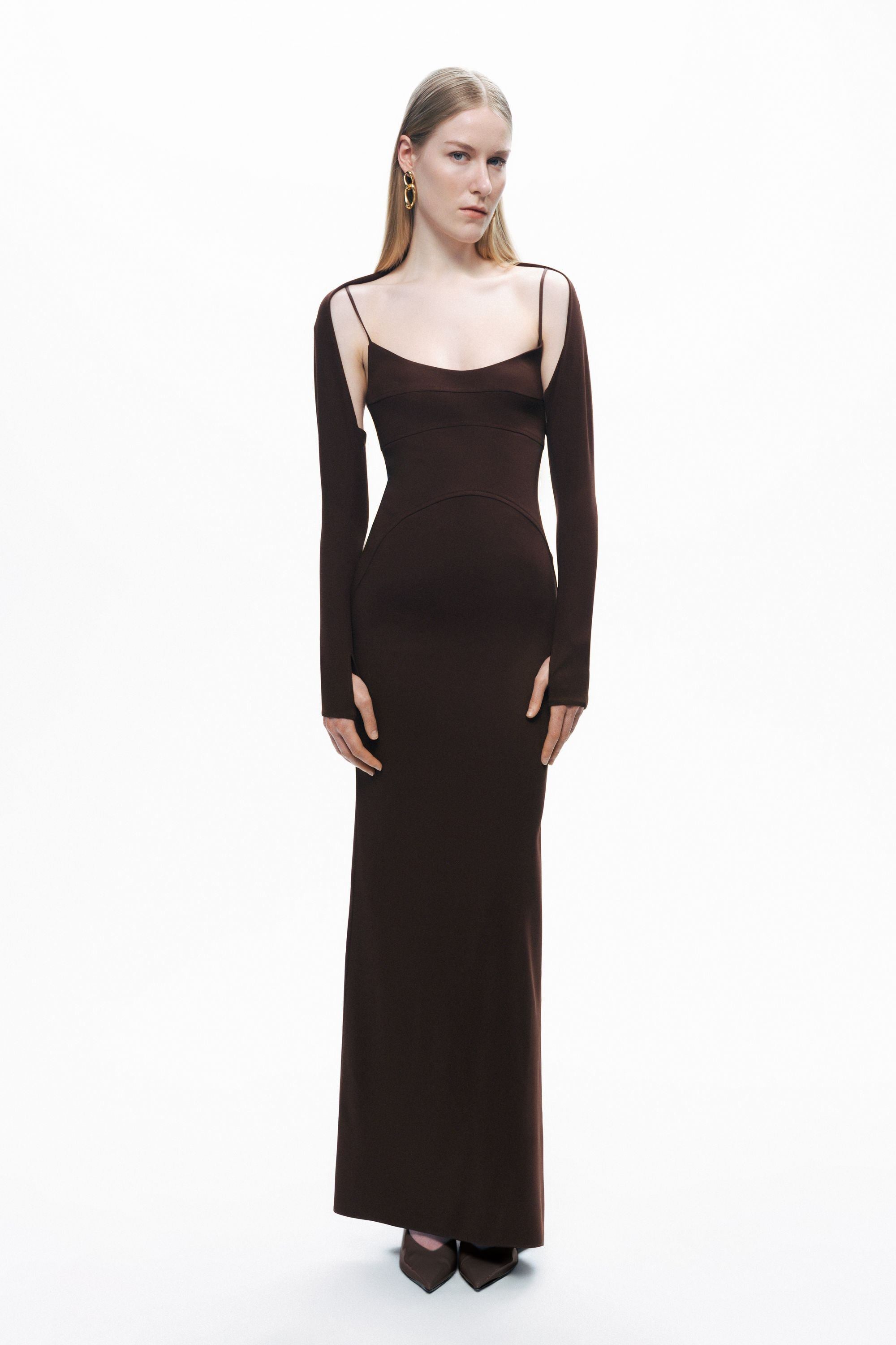 Brown Maxi Dress with Glove Accessory