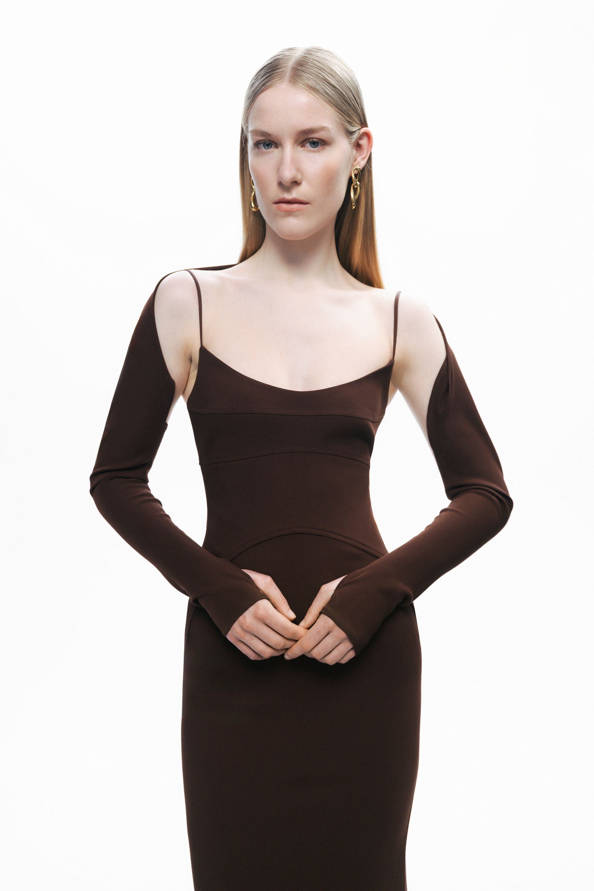 Brown Maxi Dress with Glove Accessory