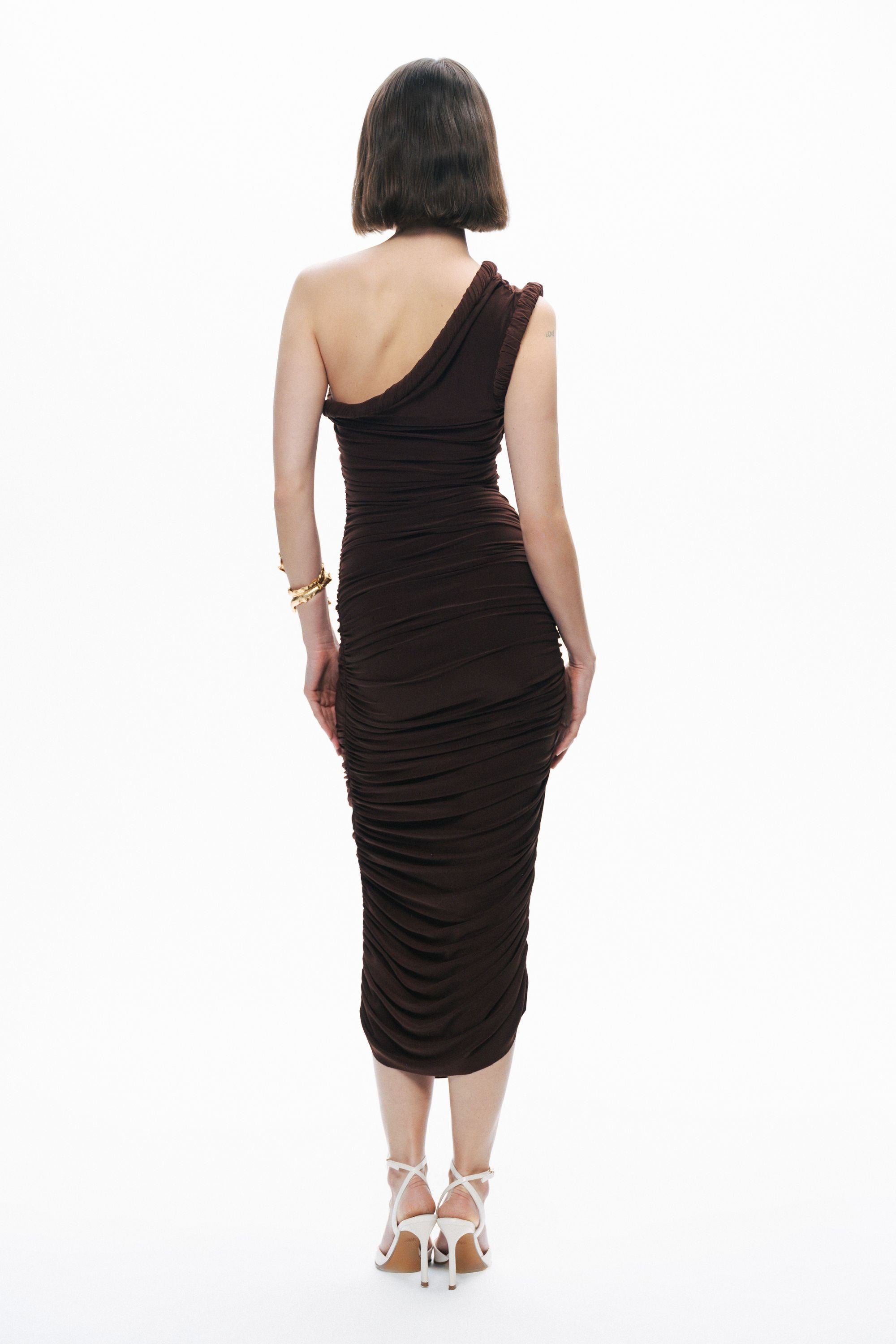 Brown Twist Detail One-Sleeve Maxi Dress