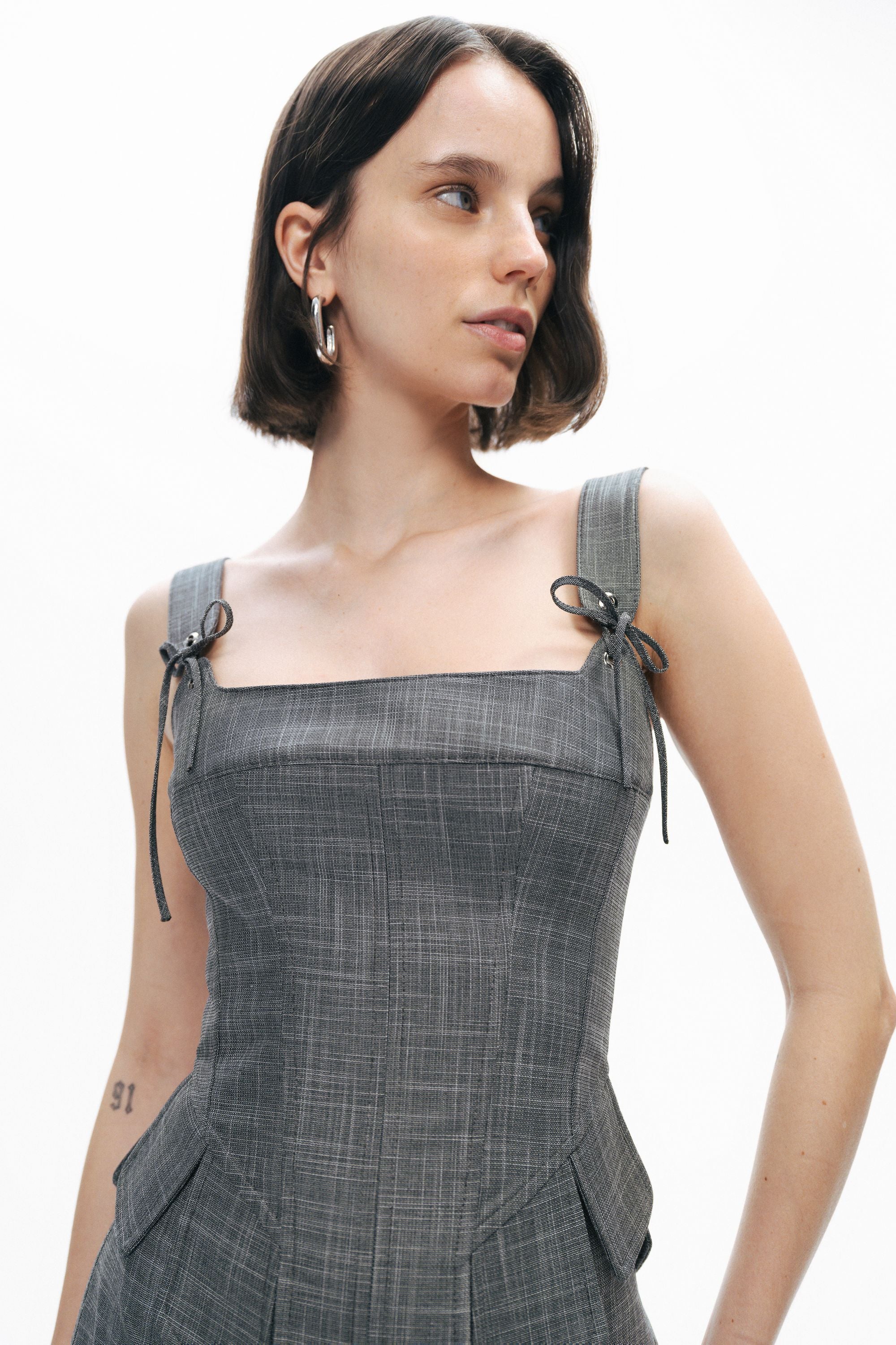 Grey Eyelet Tie Detail Blouse