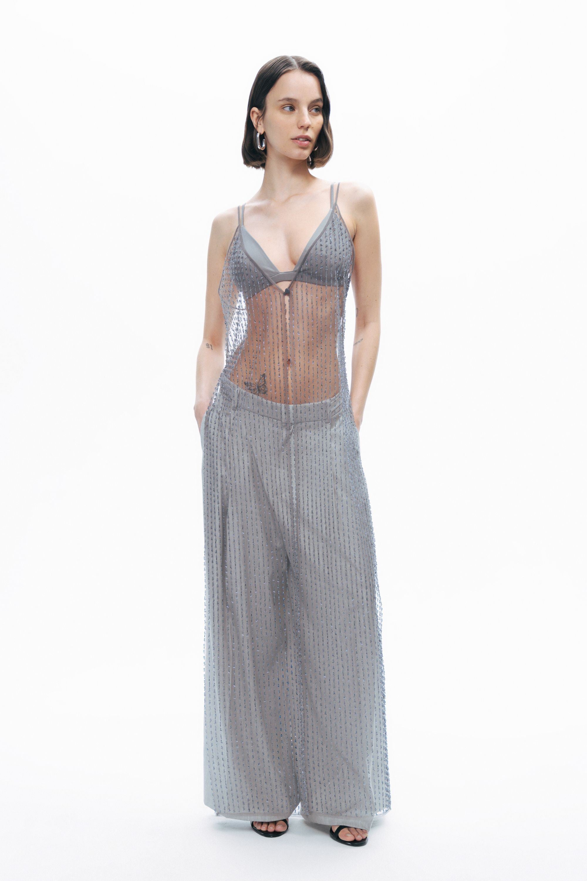 Grey Waist Detailed Low Waist Pants