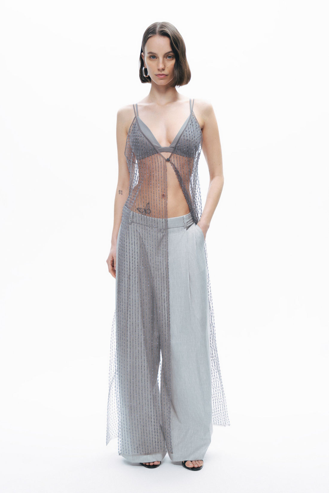 Grey Waist Detailed Low Waist Pants