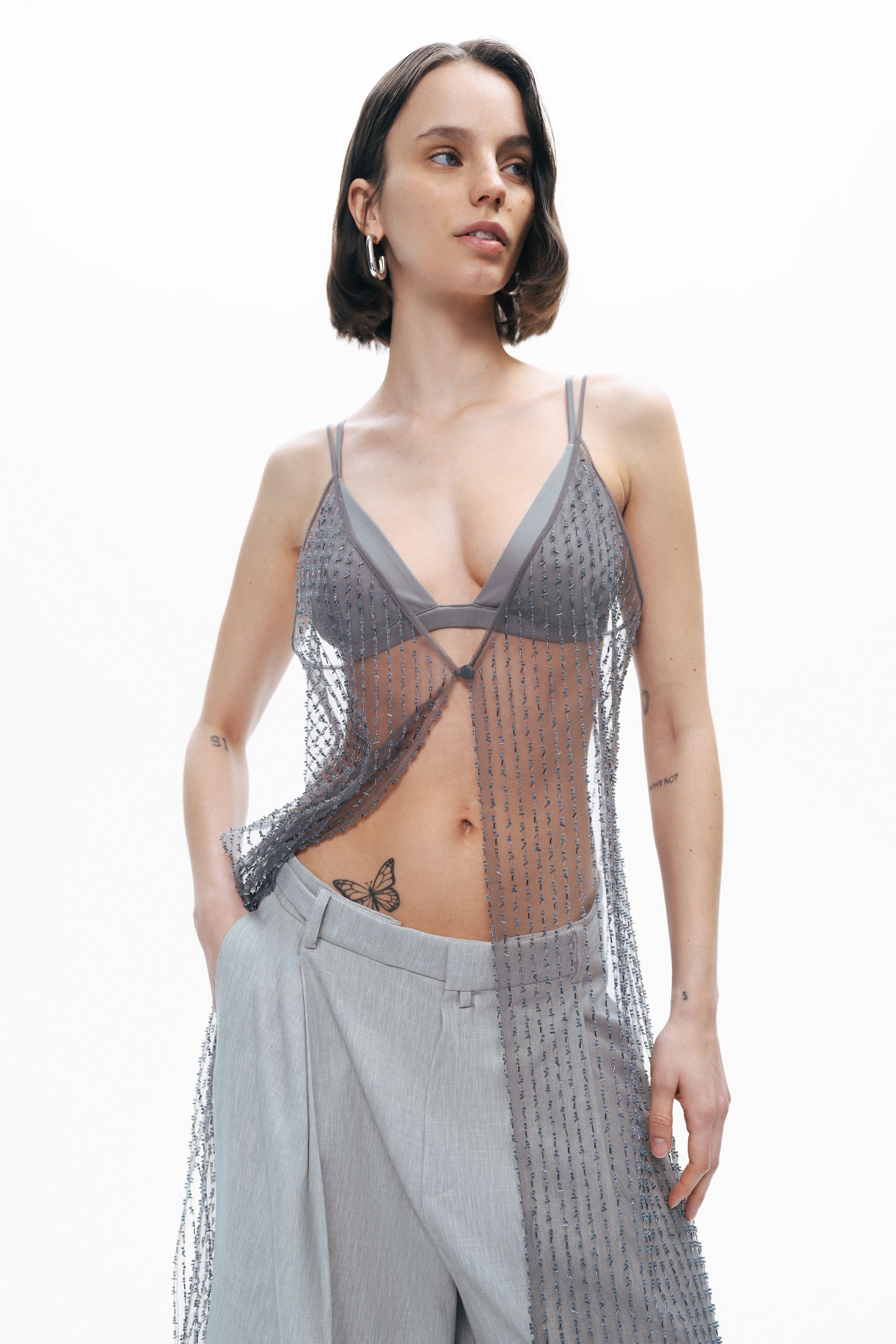 Grey Waist Detailed Low Waist Pants