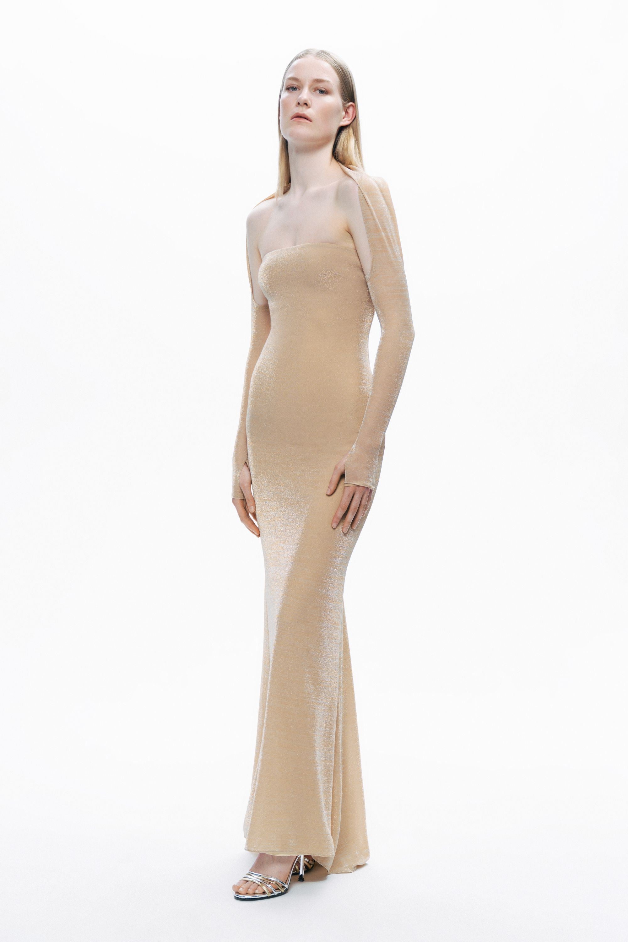 Gold Strapless Maxi Dress with Glove Accessory