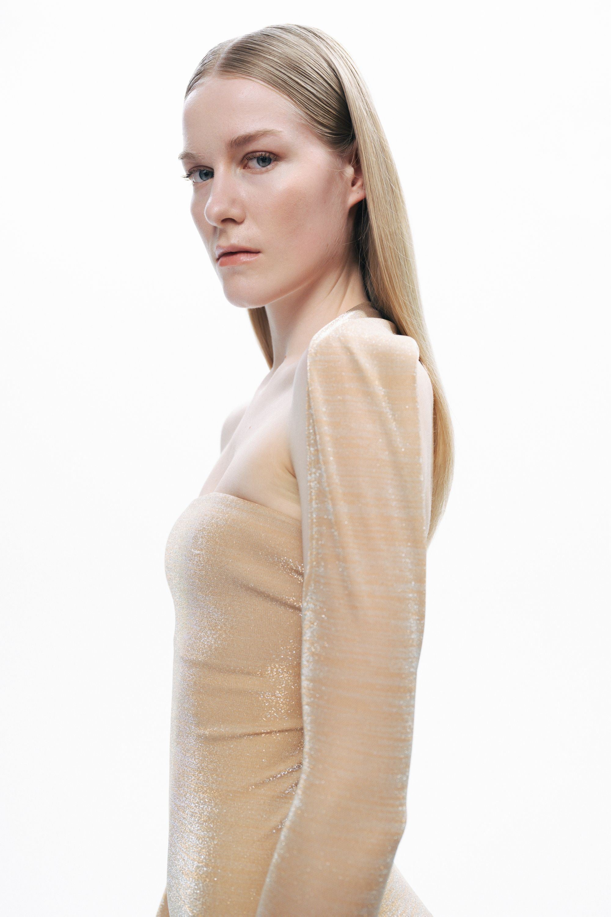 Gold Strapless Maxi Dress with Glove Accessory