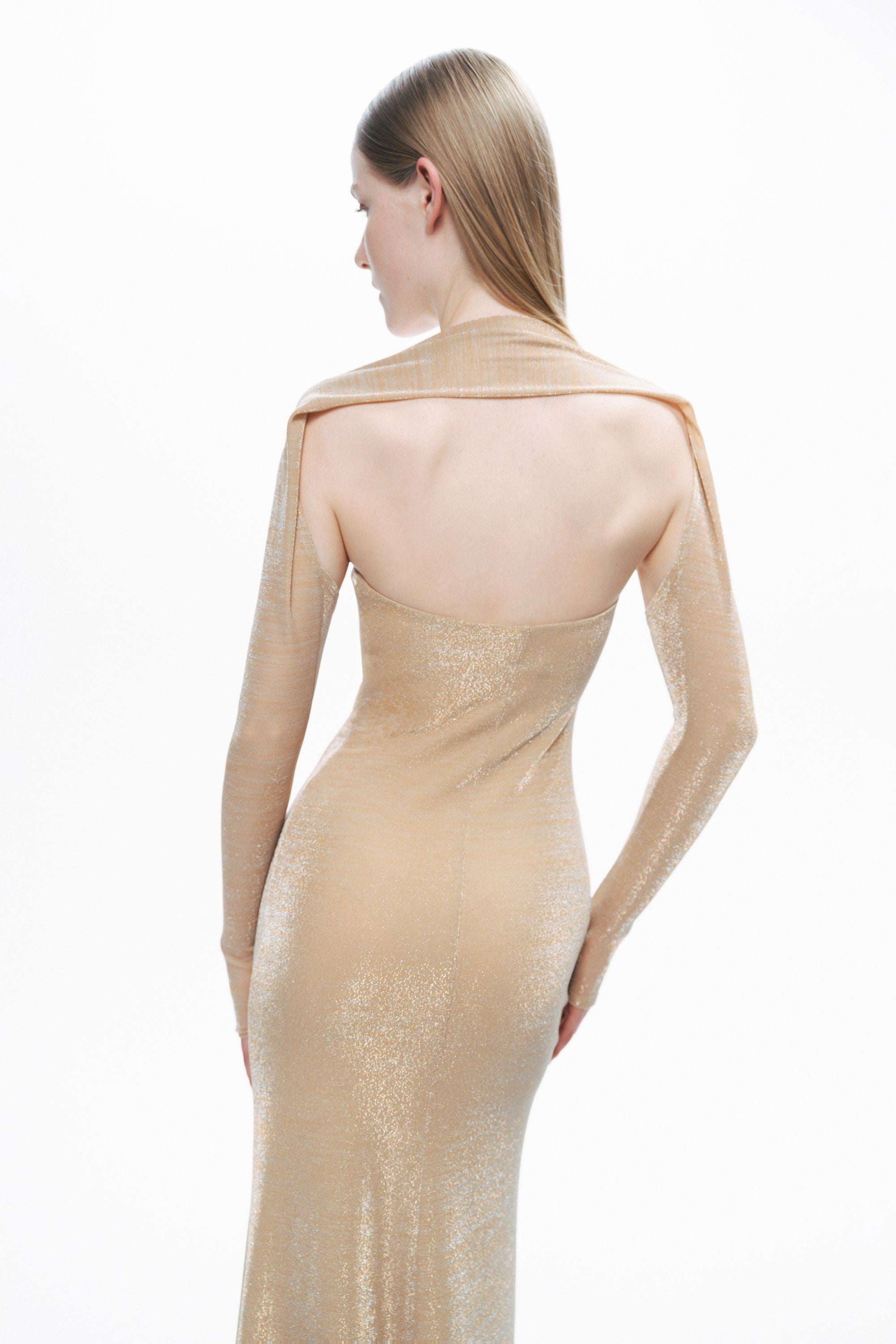 Gold Strapless Maxi Dress with Glove Accessory