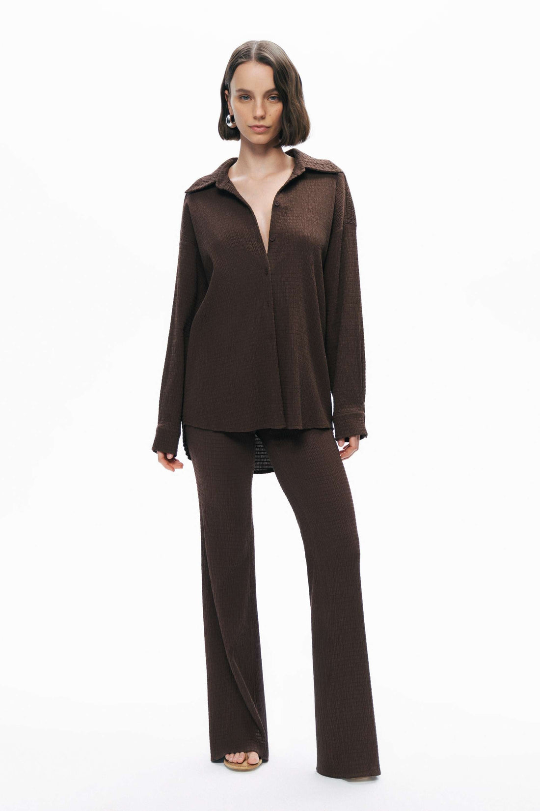 Coffe Crumpled Fabric Draped Shirt