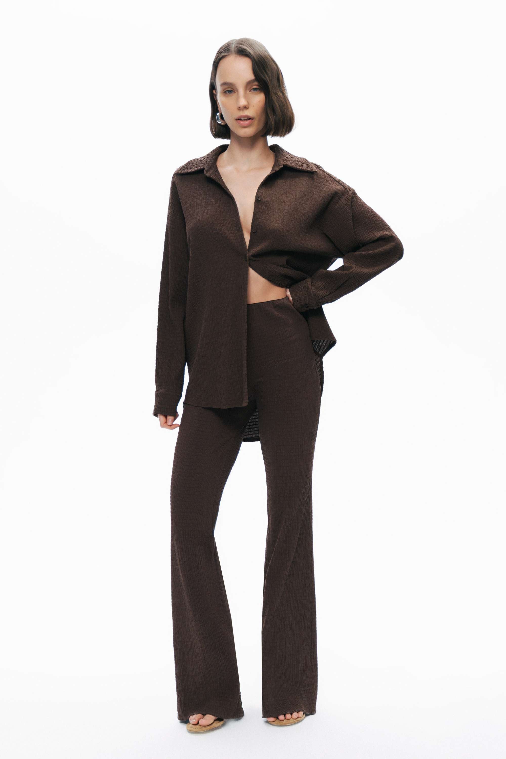 Coffe Crumpled Fabric Draped Shirt
