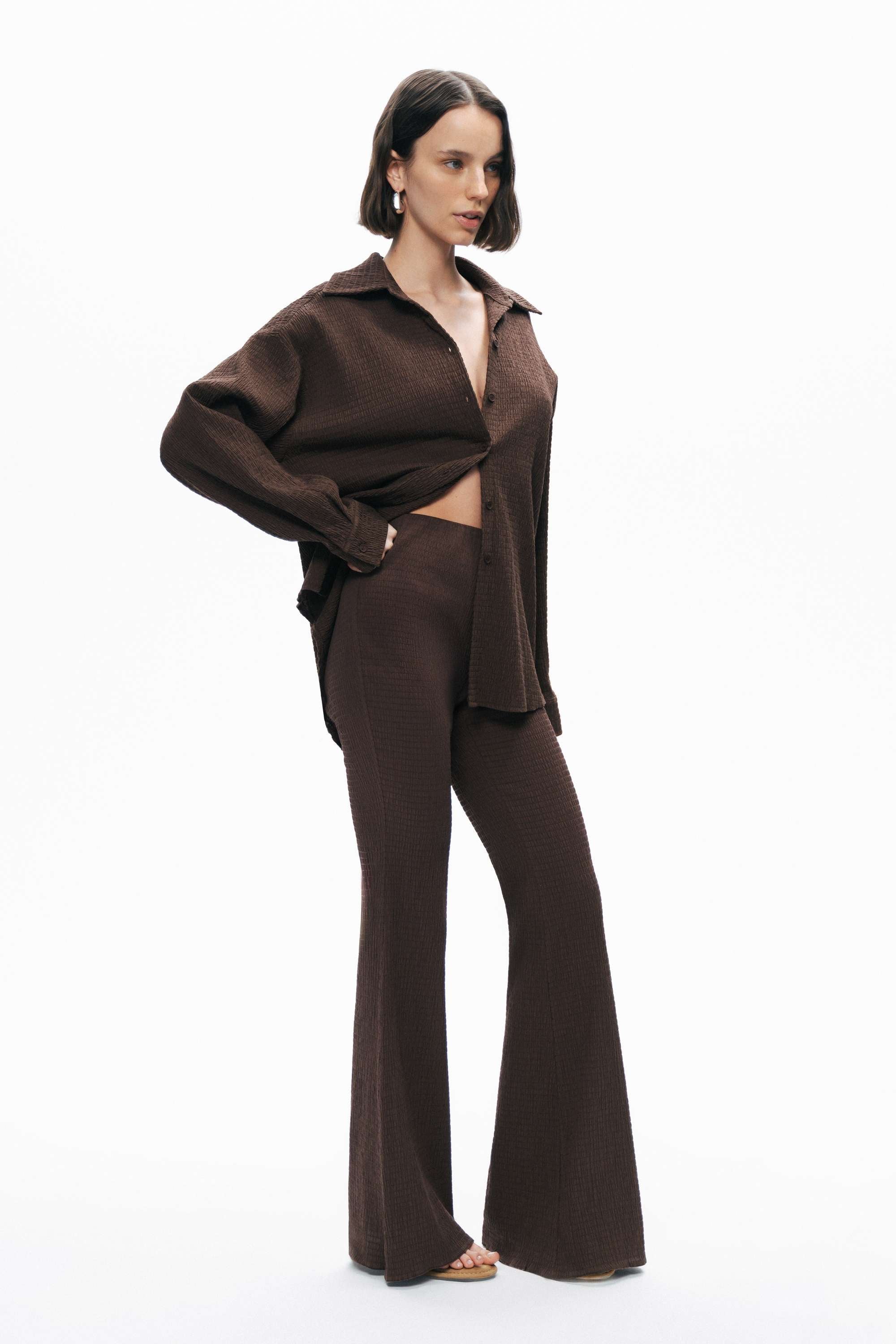 Coffe Crumpled Fabric Draped Shirt