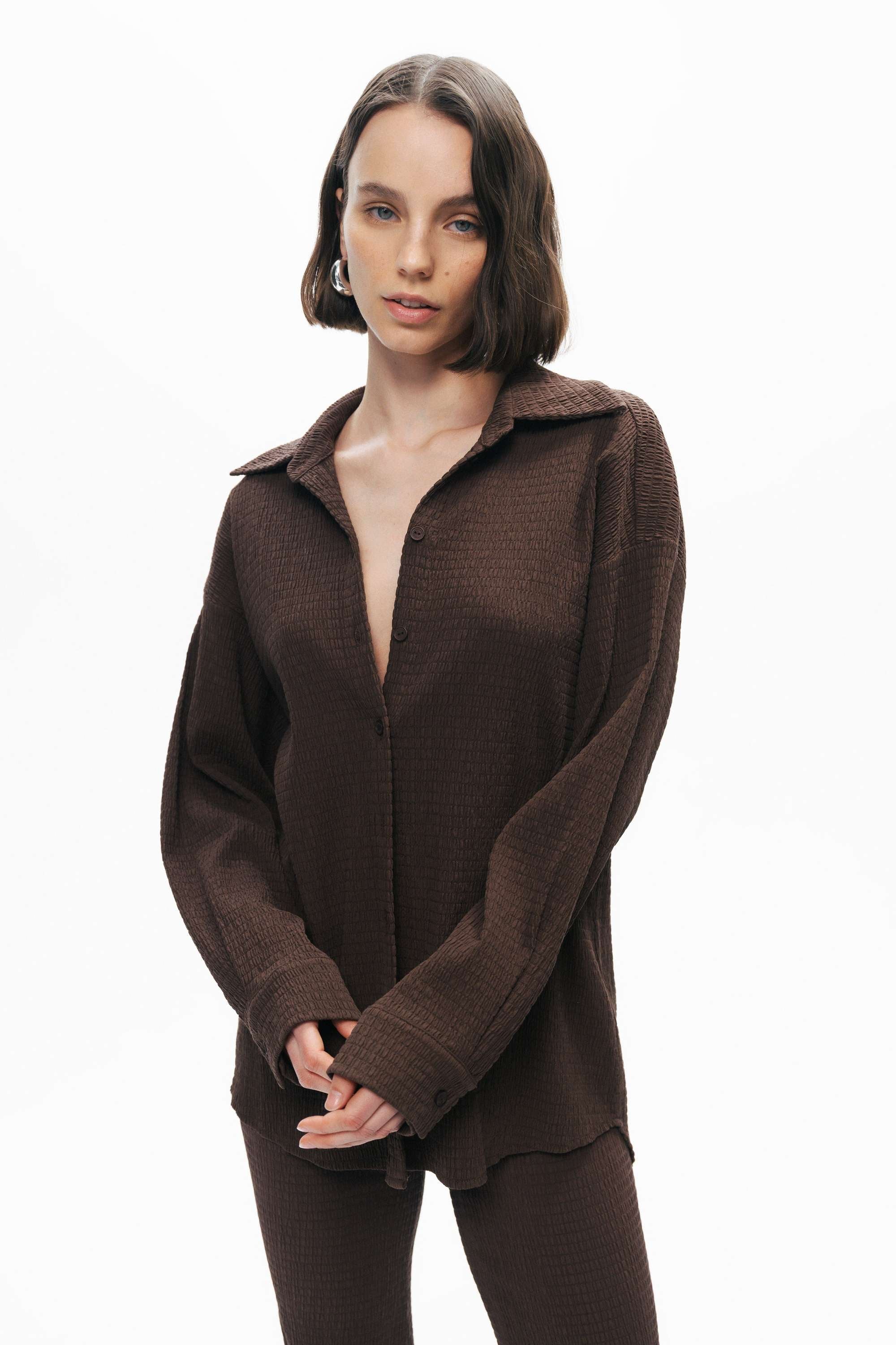Coffe Crumpled Fabric Draped Shirt
