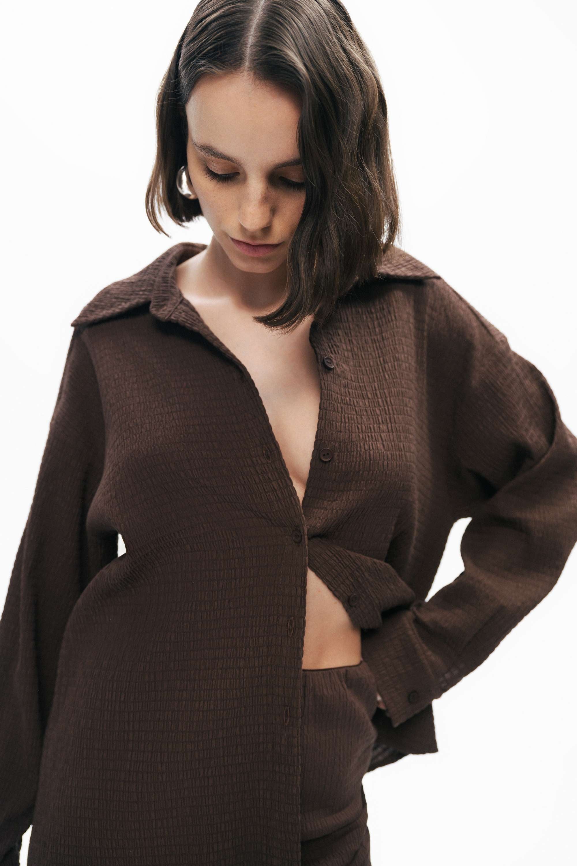 Coffe Crumpled Fabric Draped Shirt