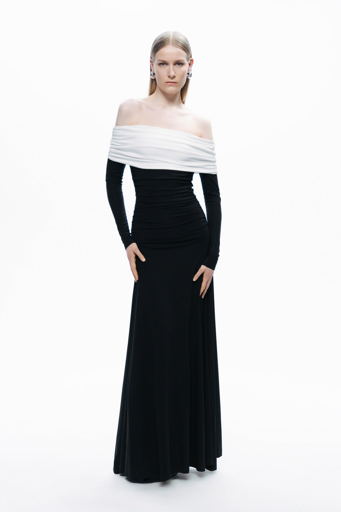 Black and White Open Shoulder Maxi Dress