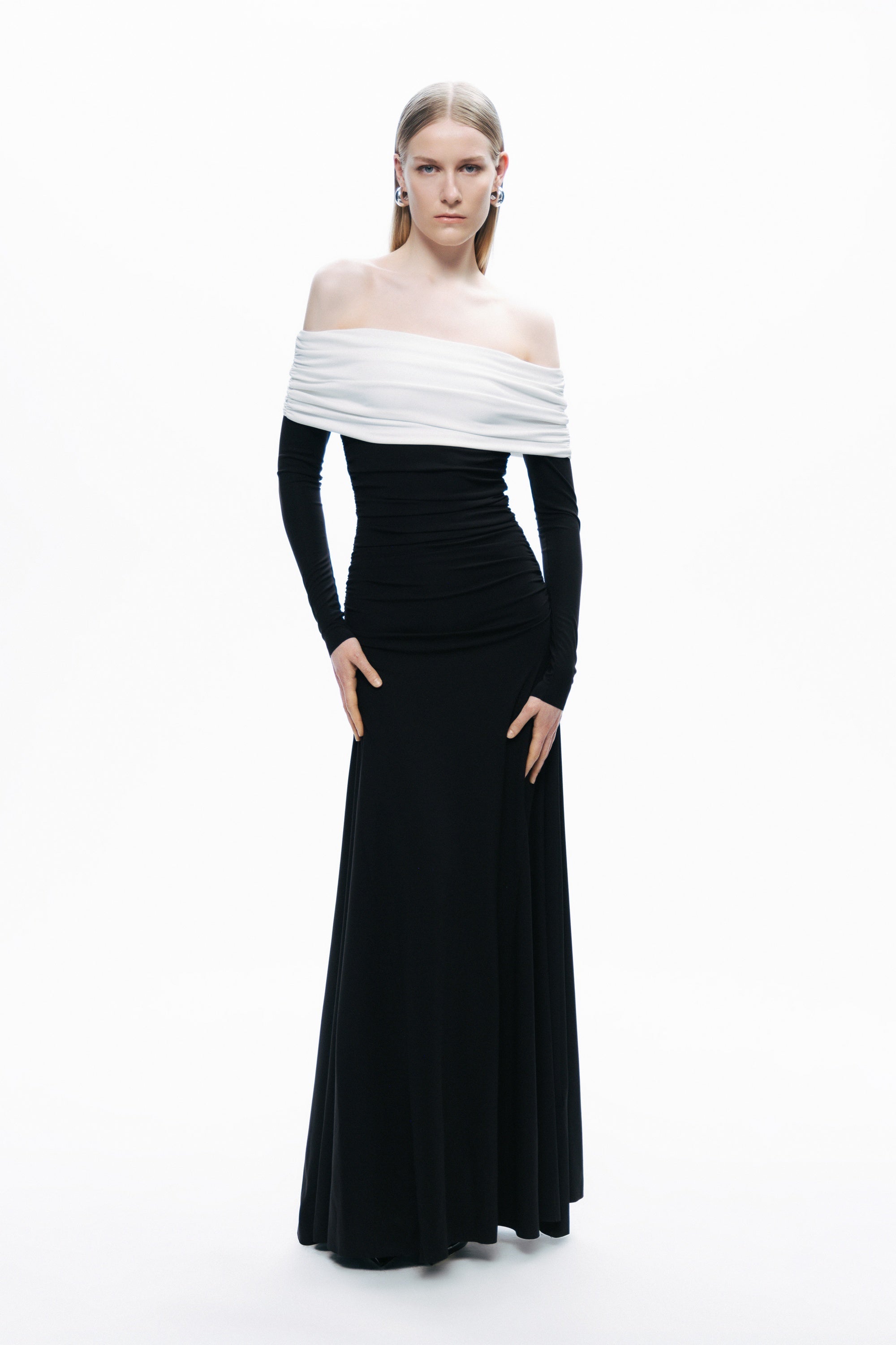 Black and White Open Shoulder Maxi Dress