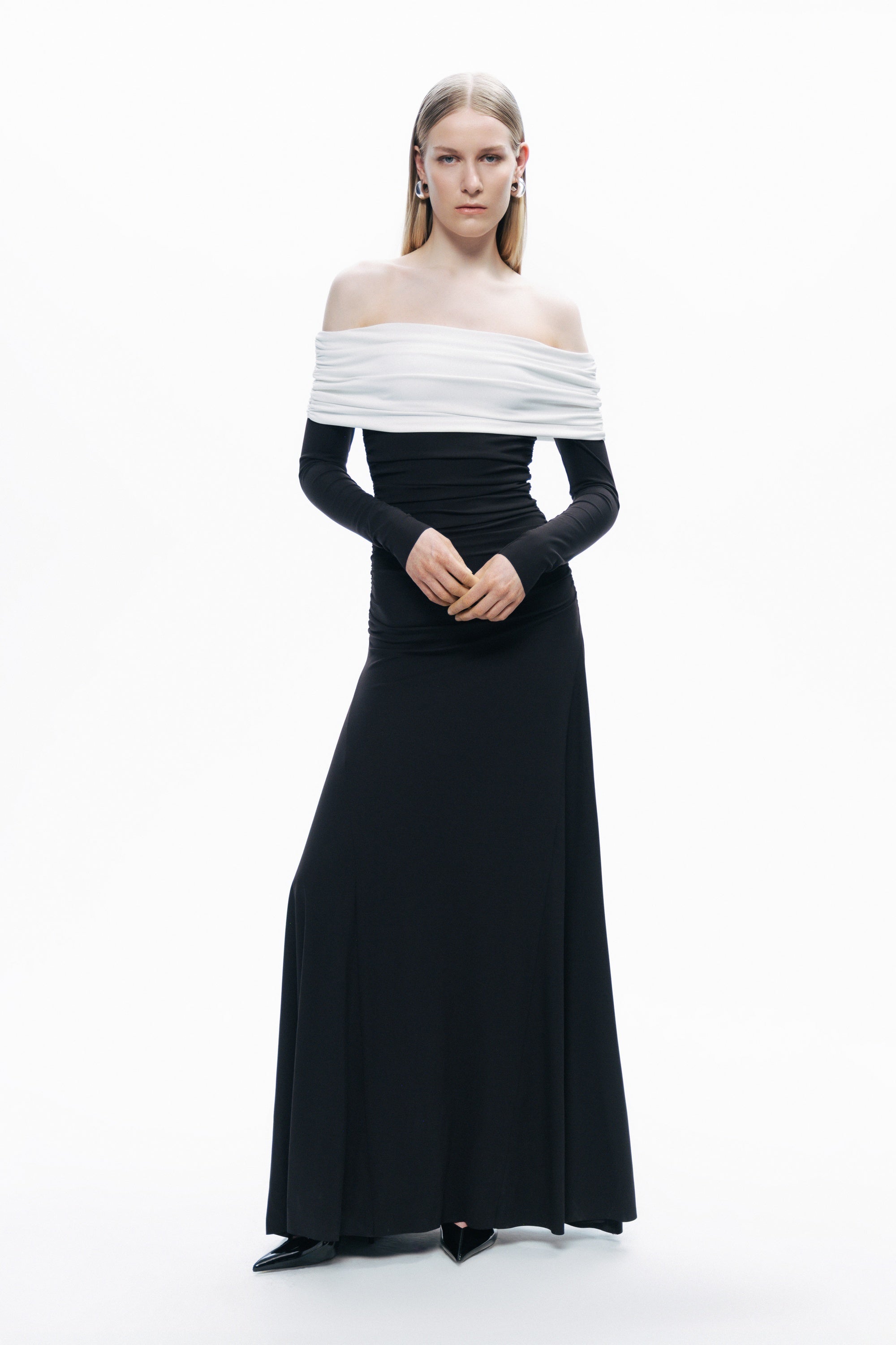 Black and White Open Shoulder Maxi Dress