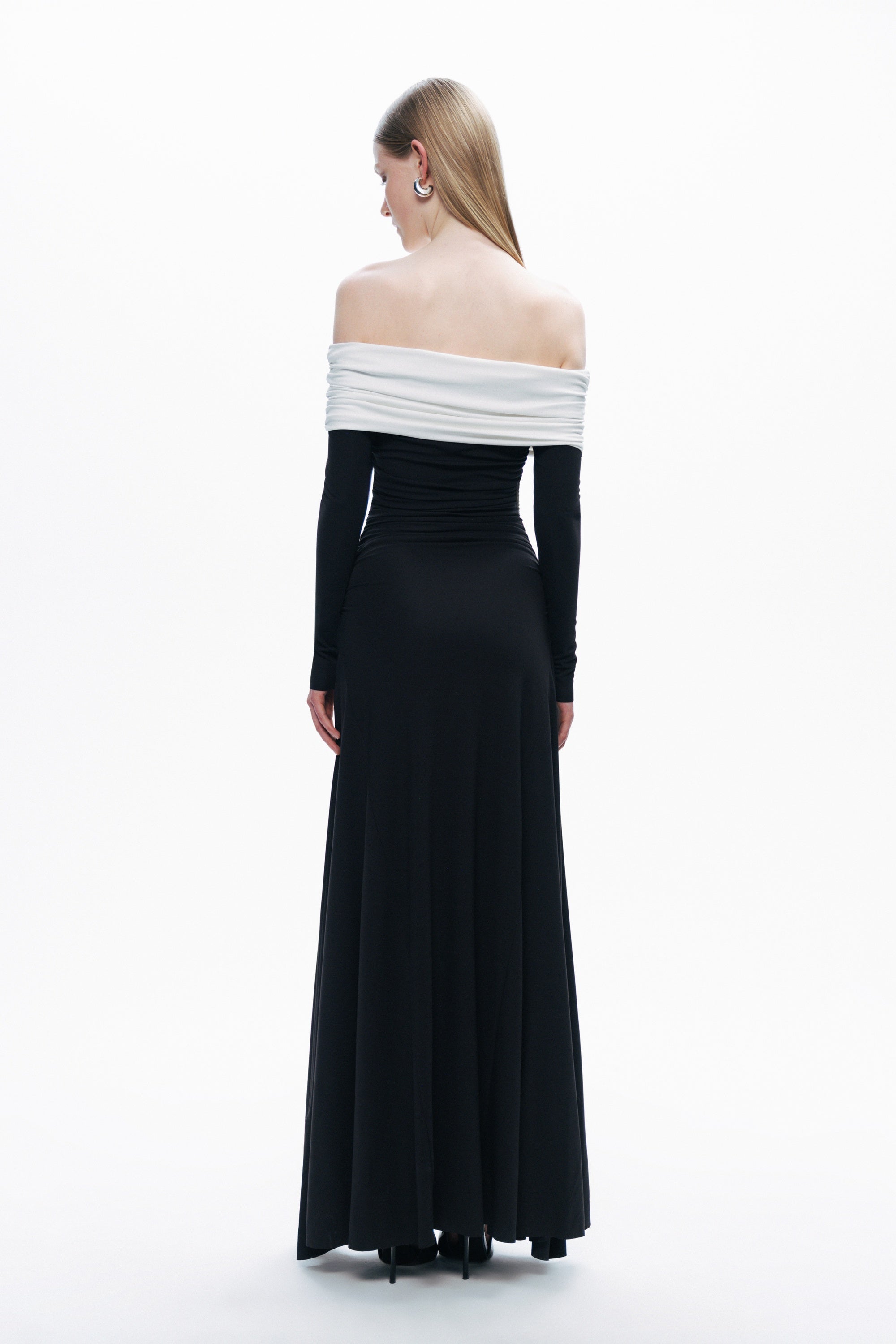 Black and White Open Shoulder Maxi Dress