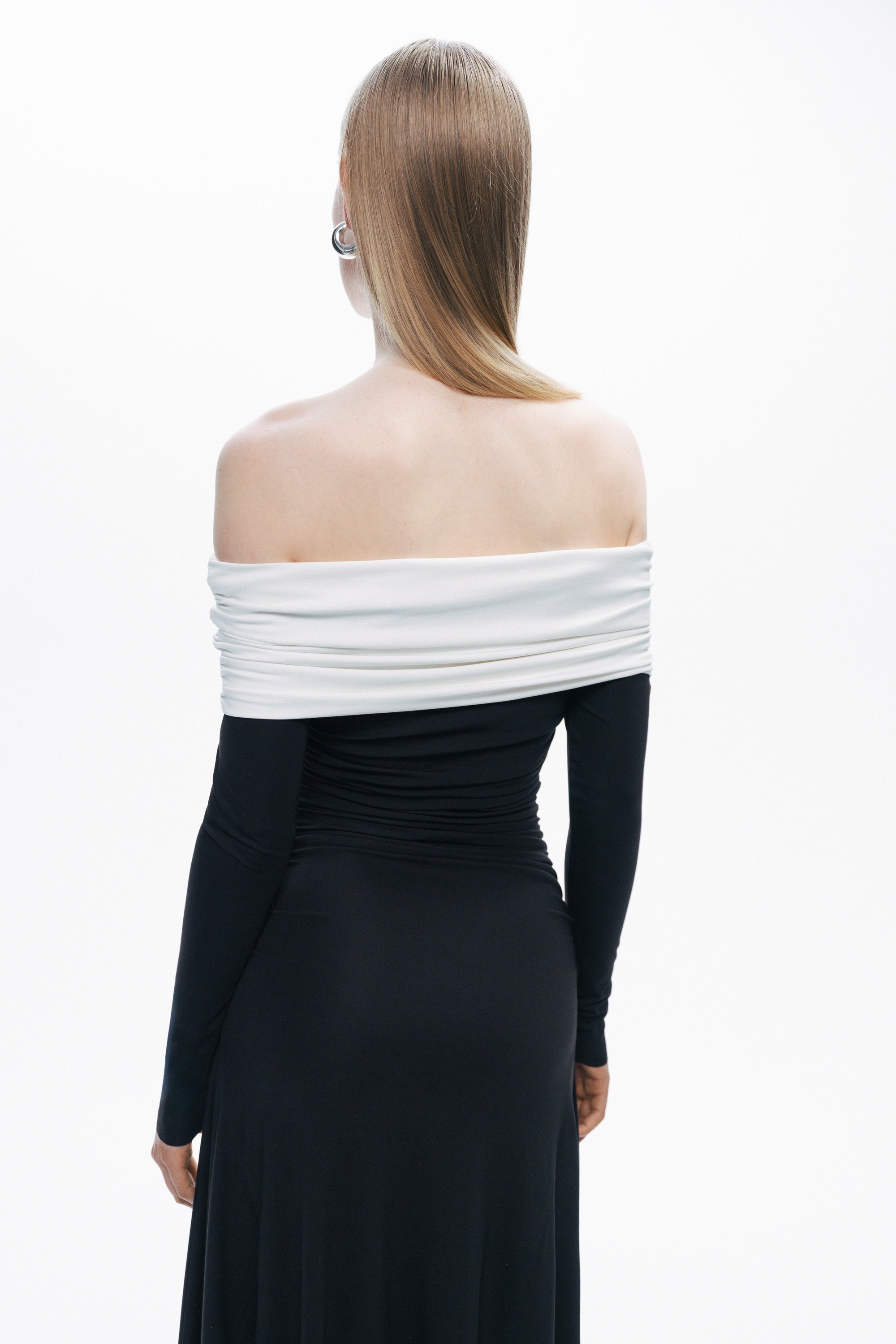 Black and White Open Shoulder Maxi Dress