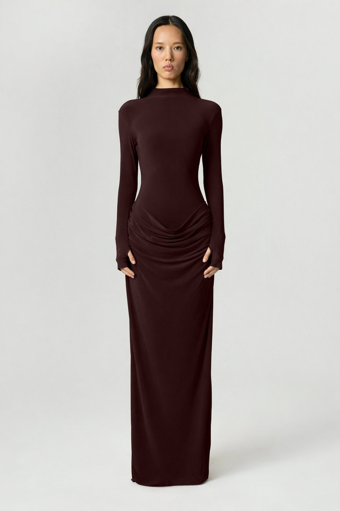 High-Neck Sculpted Ruched Maxi Dress