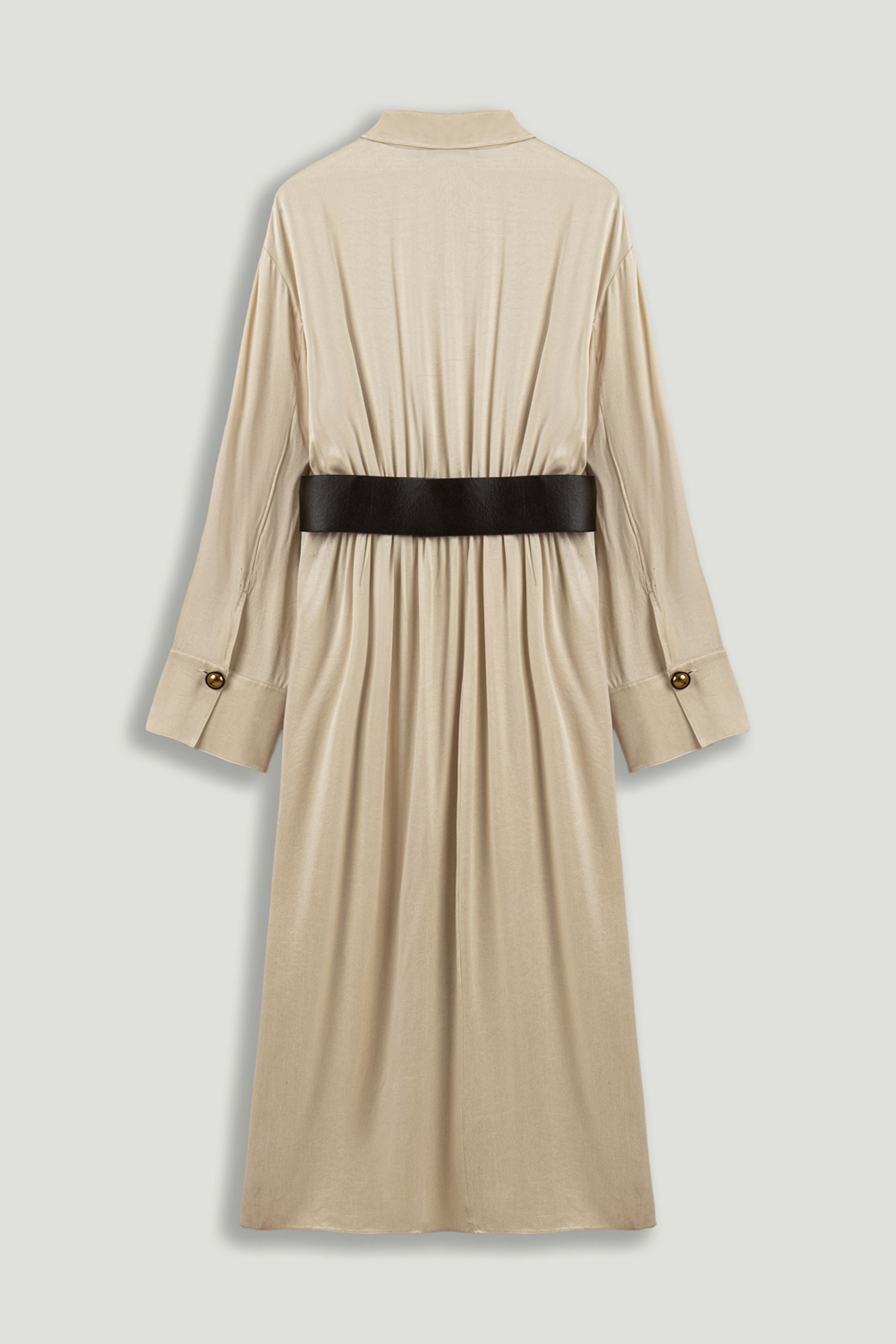 Belted Draped Shirt-Collar Maxi Dress