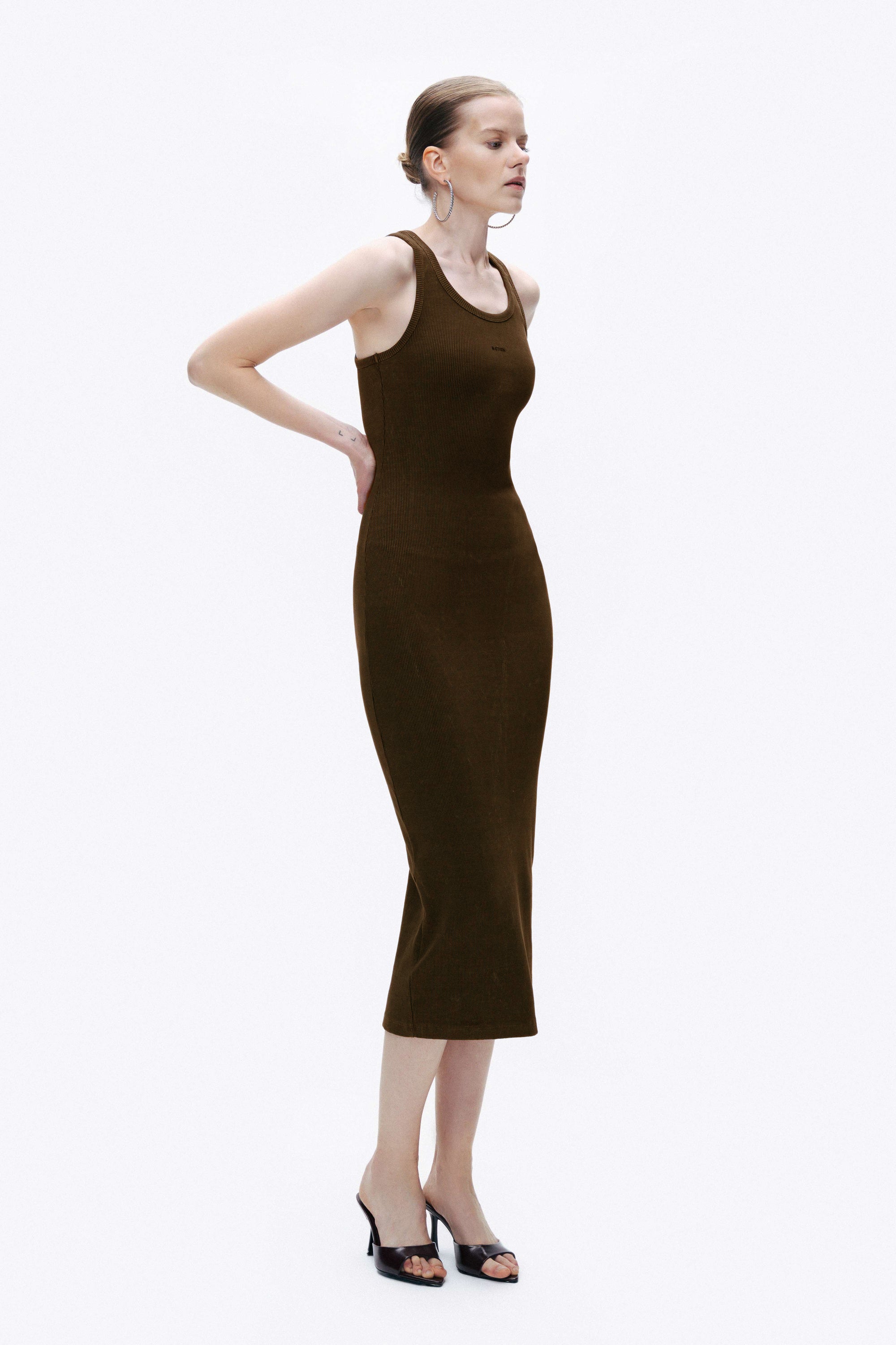 Coffee Printed Detail Maxi Bodycon Dress